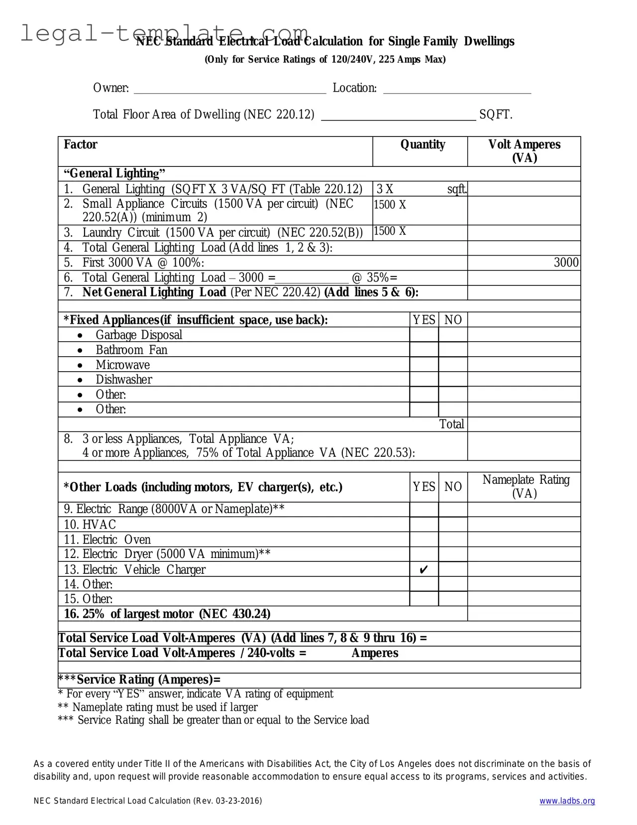 Free LADBS NEC Standard Electrical Load Calculation Template in PDF