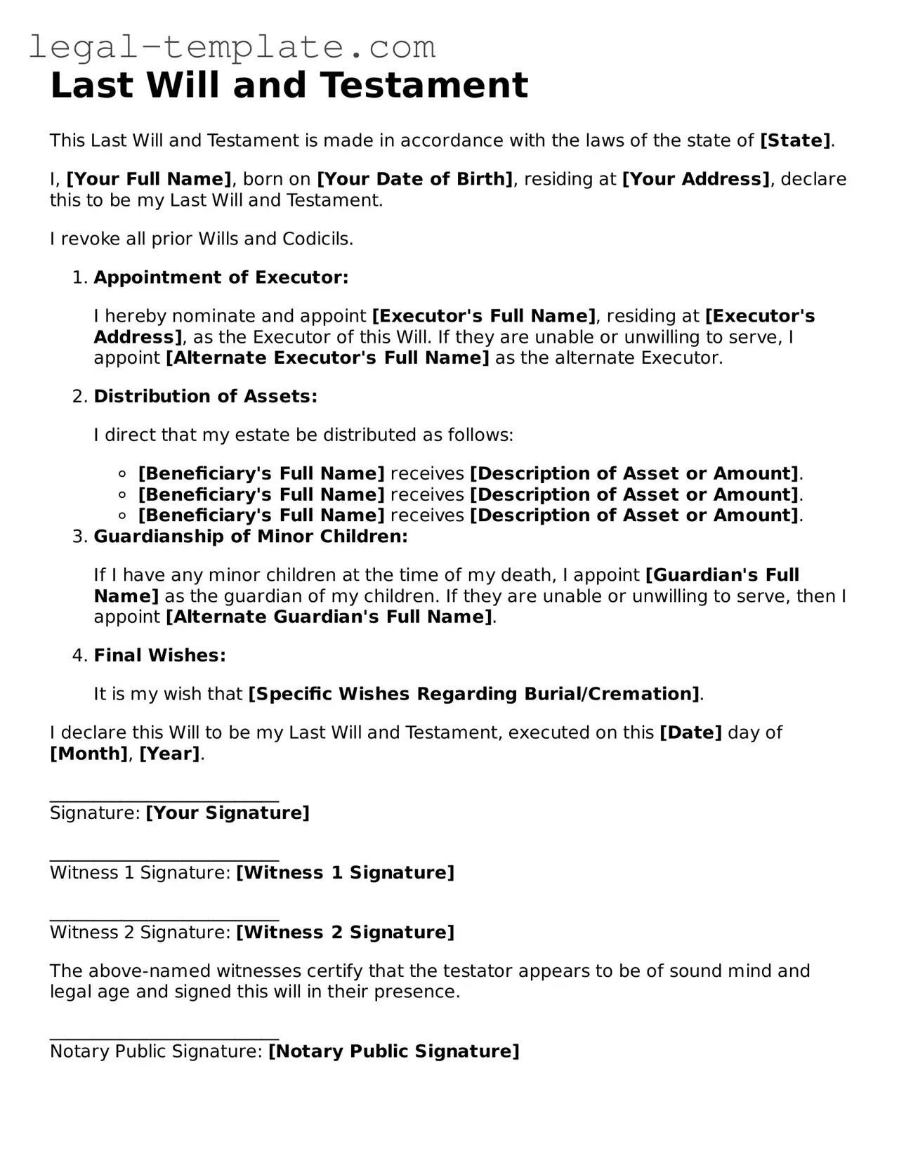 Printable Last Will and Testament Template