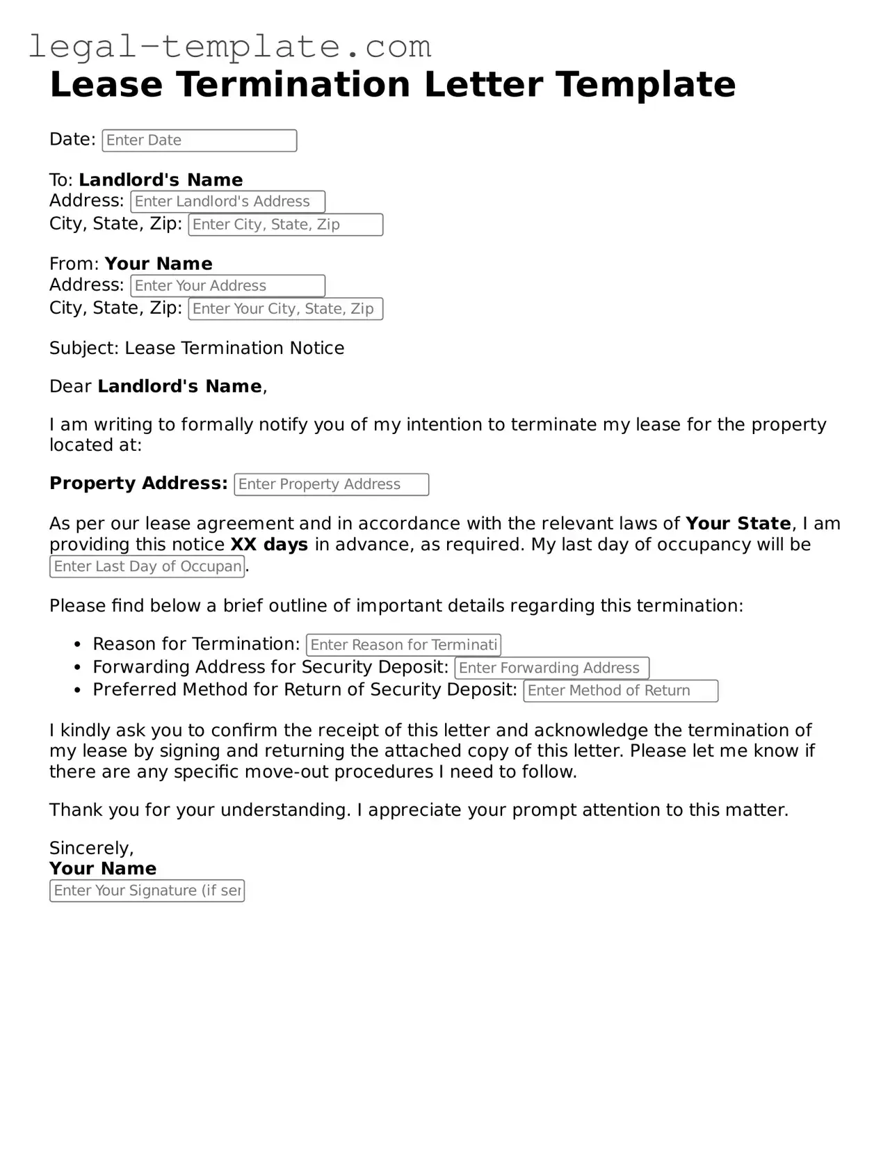 Printable Lease Termination Letter Template