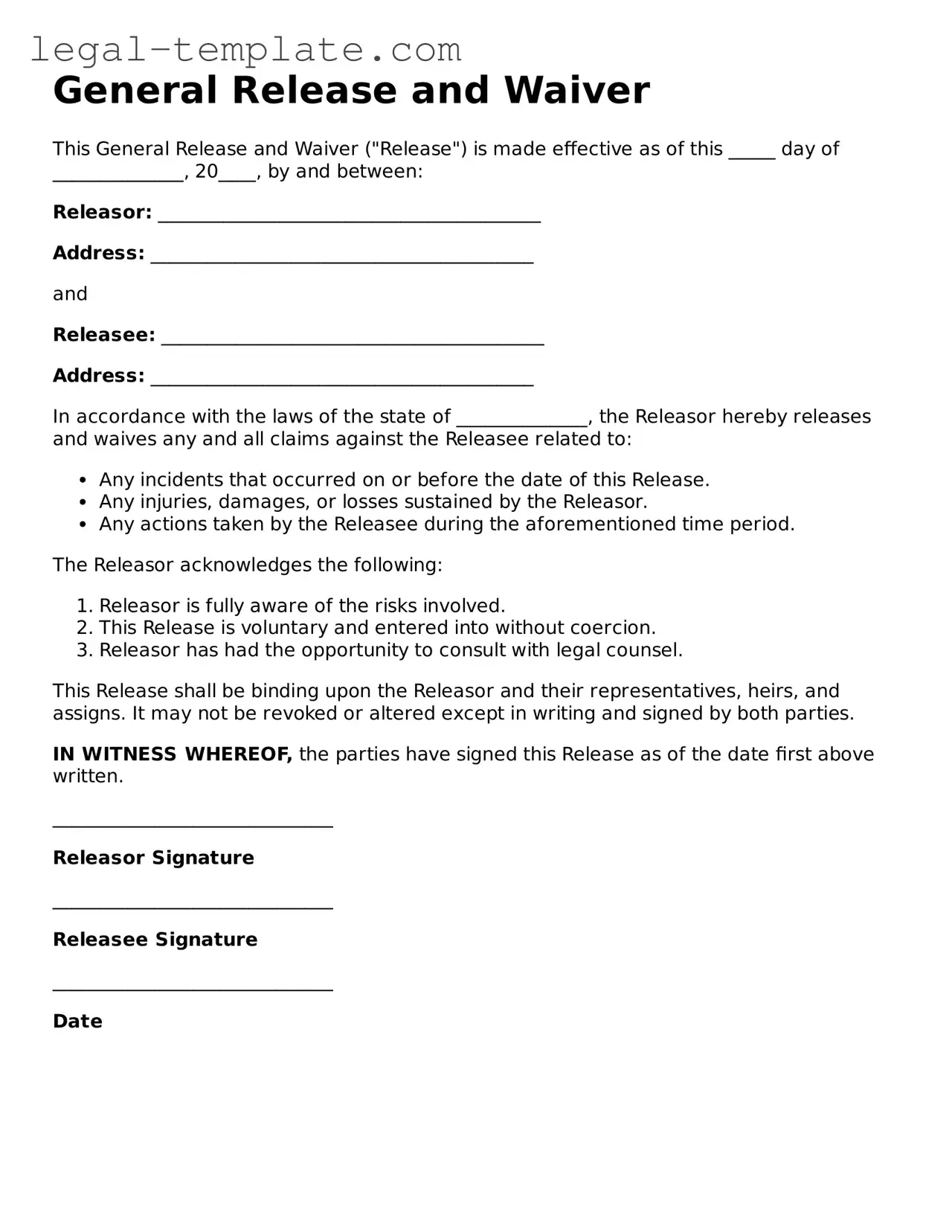 Printable General Release and Waiver Template