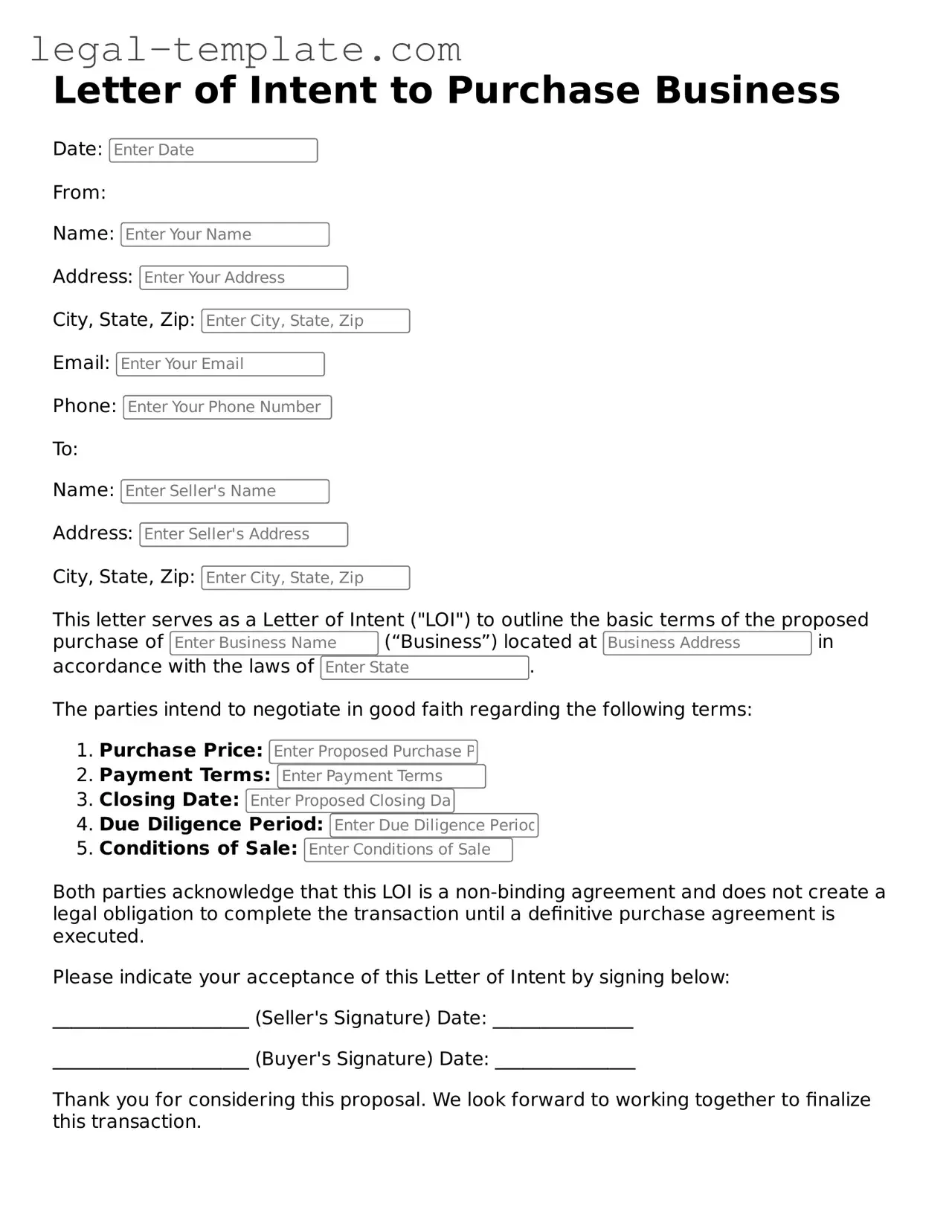 Printable Letter of Intent to Purchase Business Template