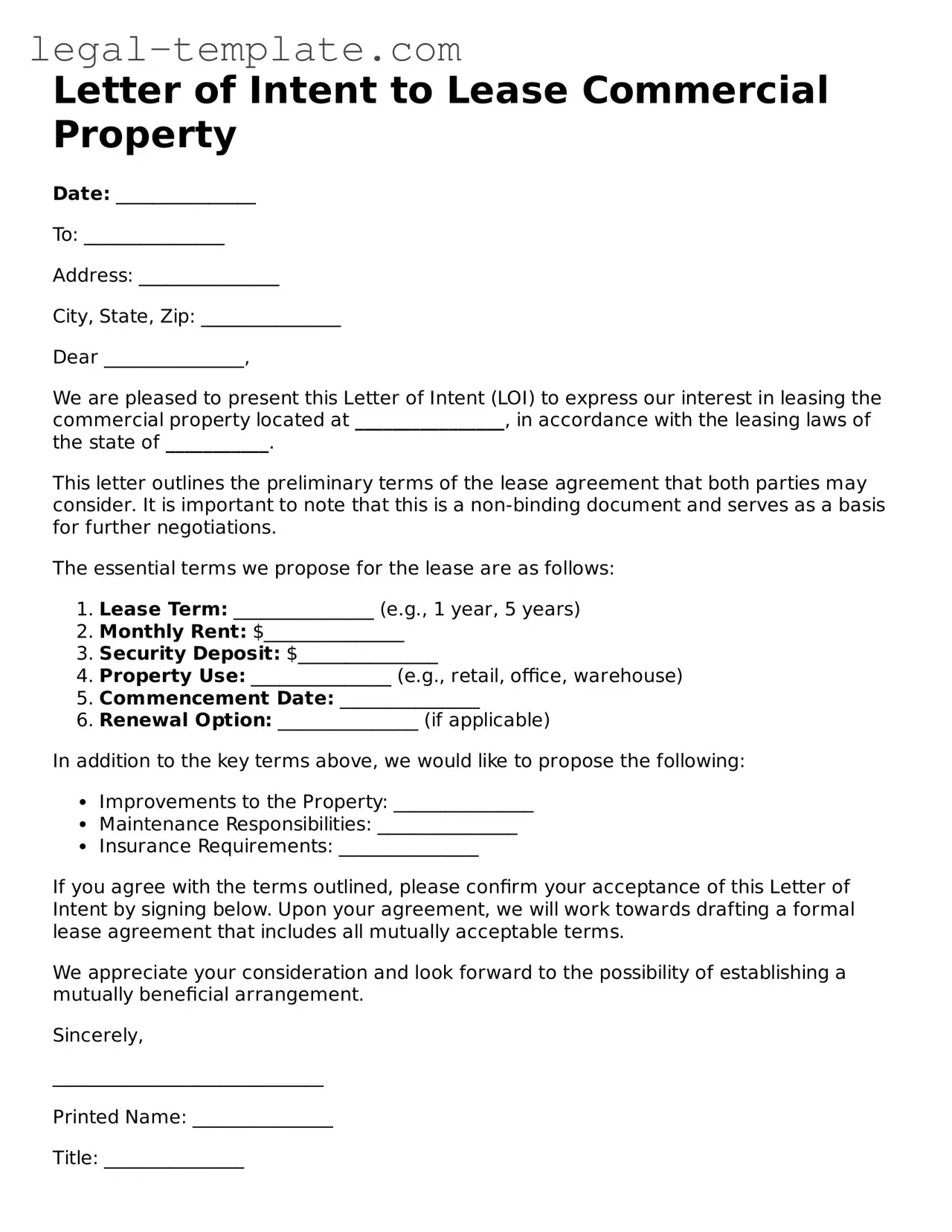 Printable Letter of Intent to Lease Commercial Property Template