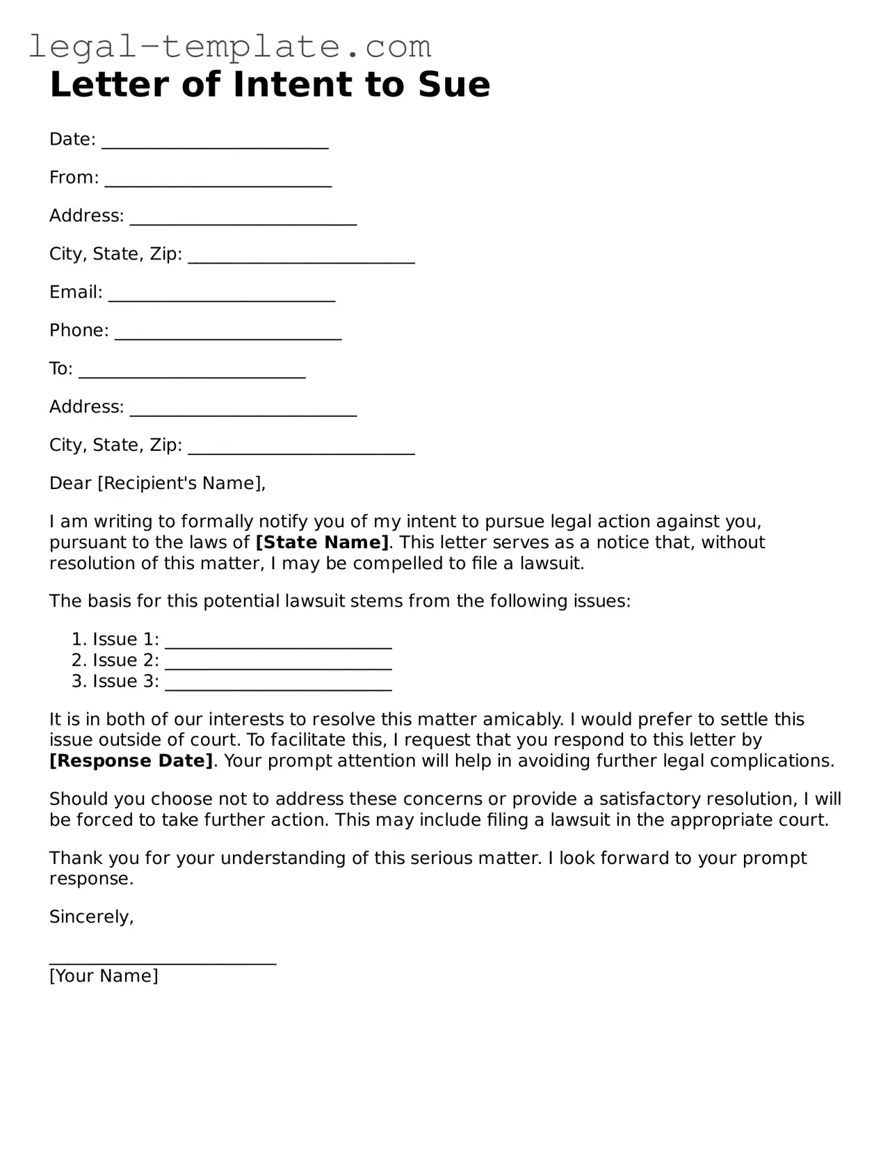 Printable Letter of Intent to Sue Template