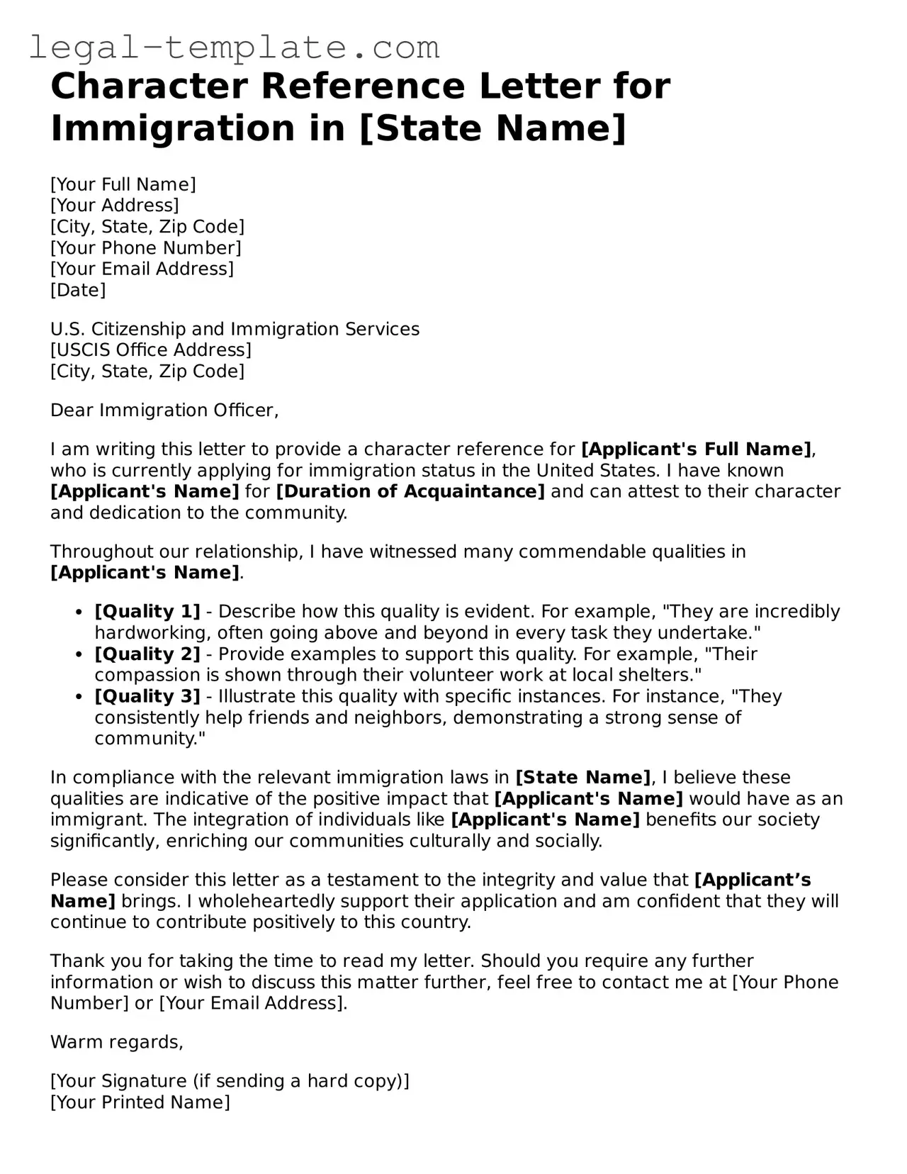 Printable Character Reference Letter for Immigration Template