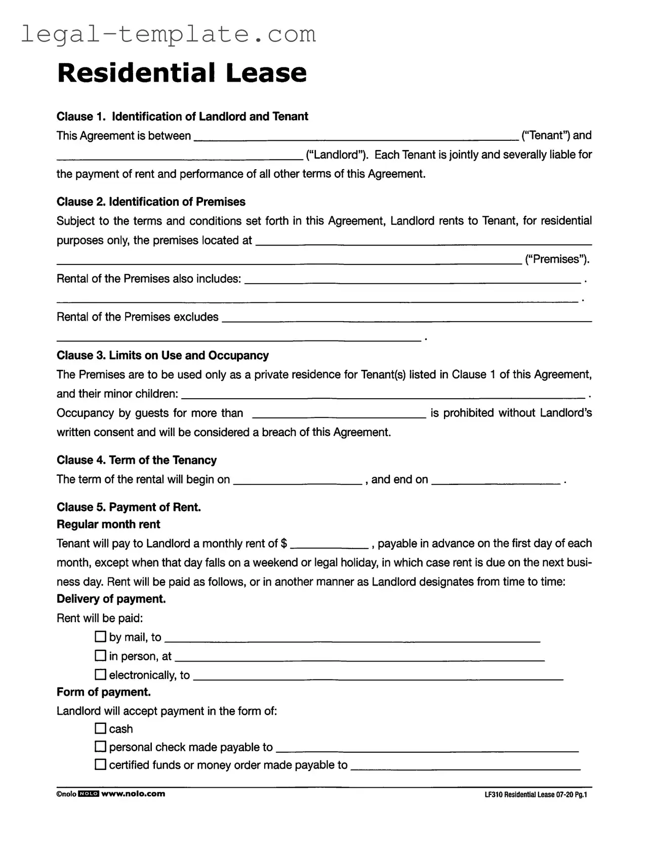 Free Lf310 Residential Lease Template in PDF