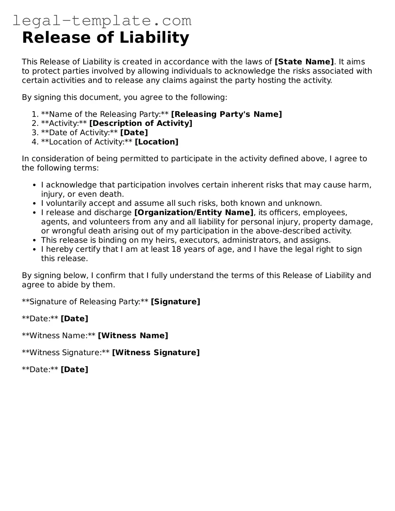 Printable Release of Liability Template