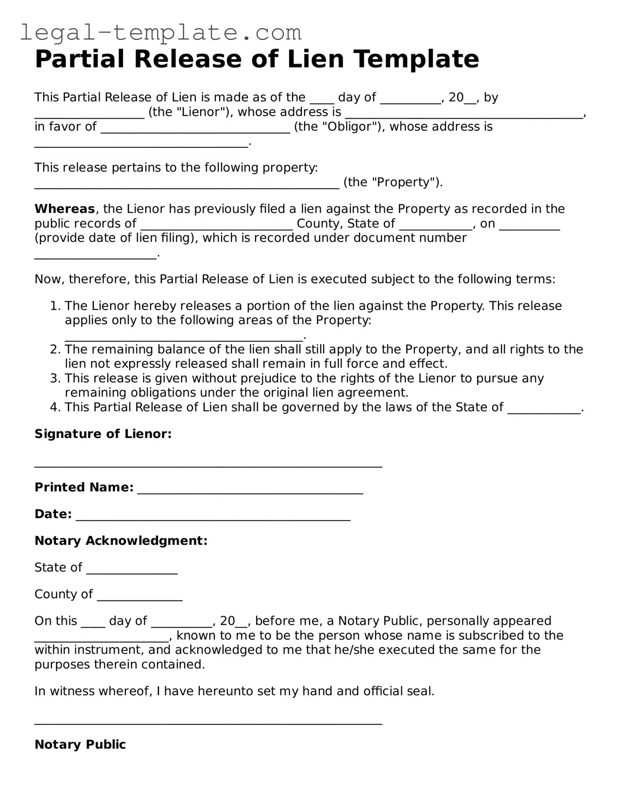 Printable Partial Release of Lien Template