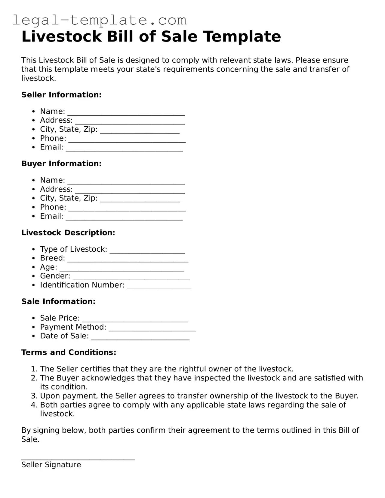Printable Livestock Bill of Sale Template