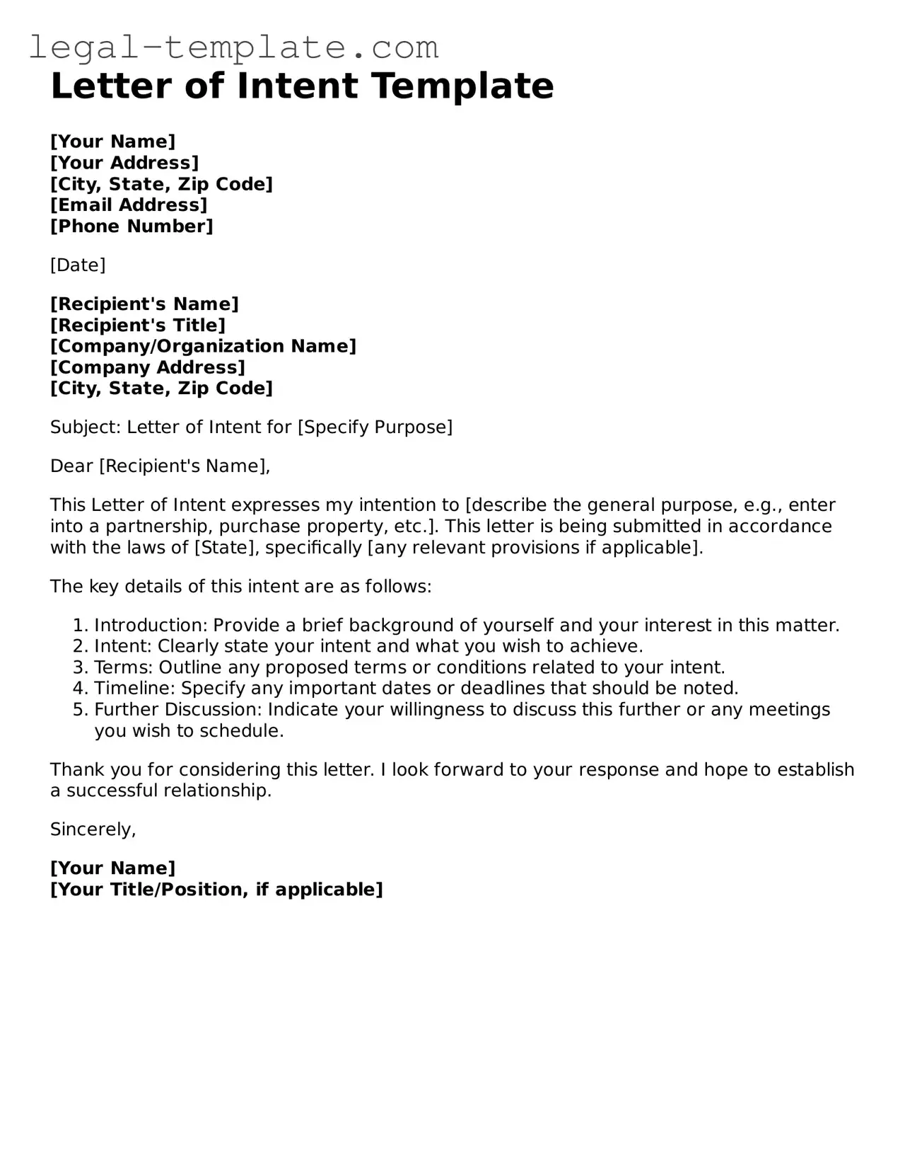 Printable Letter of Intent Template