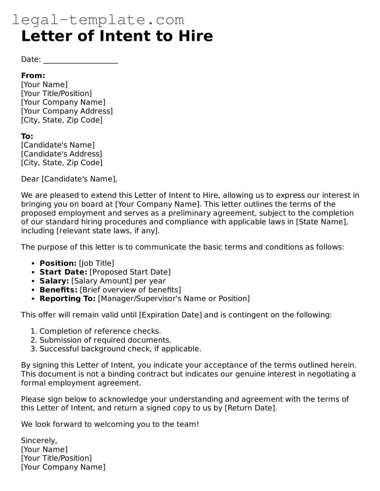 Printable Letter of Intent to Hire Template
