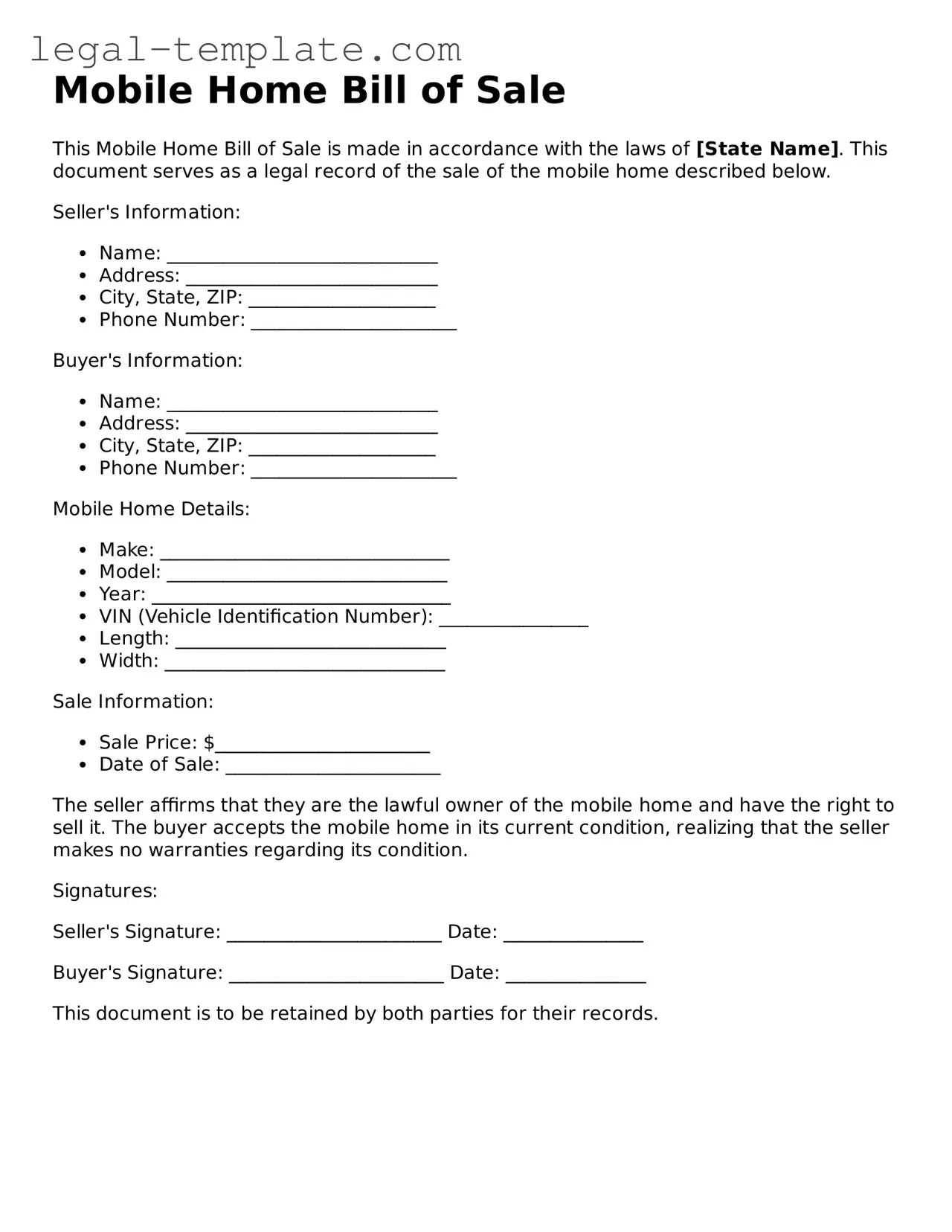 Printable Mobile Home Bill of Sale Template