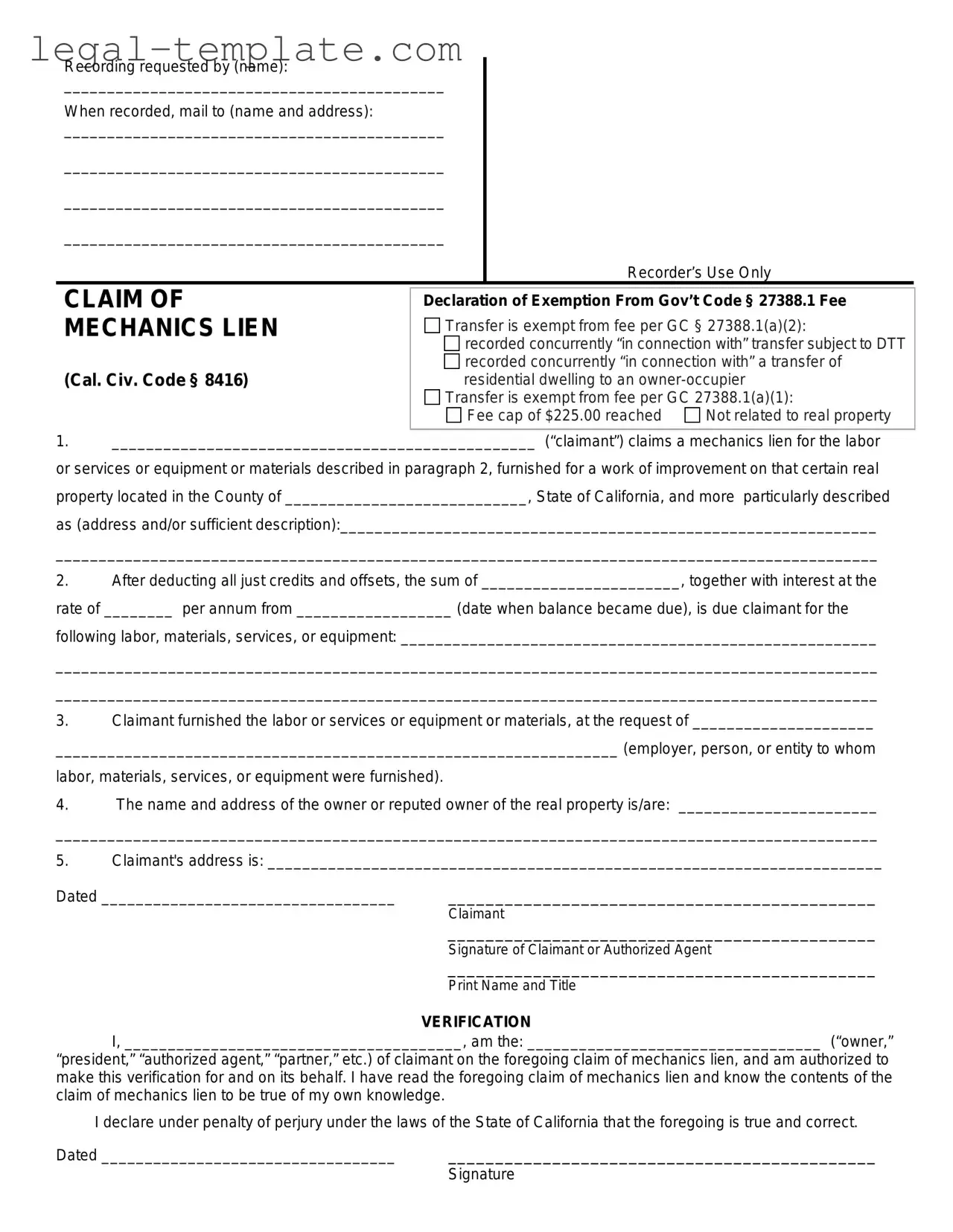 Free Mechanics Lien California Template in PDF
