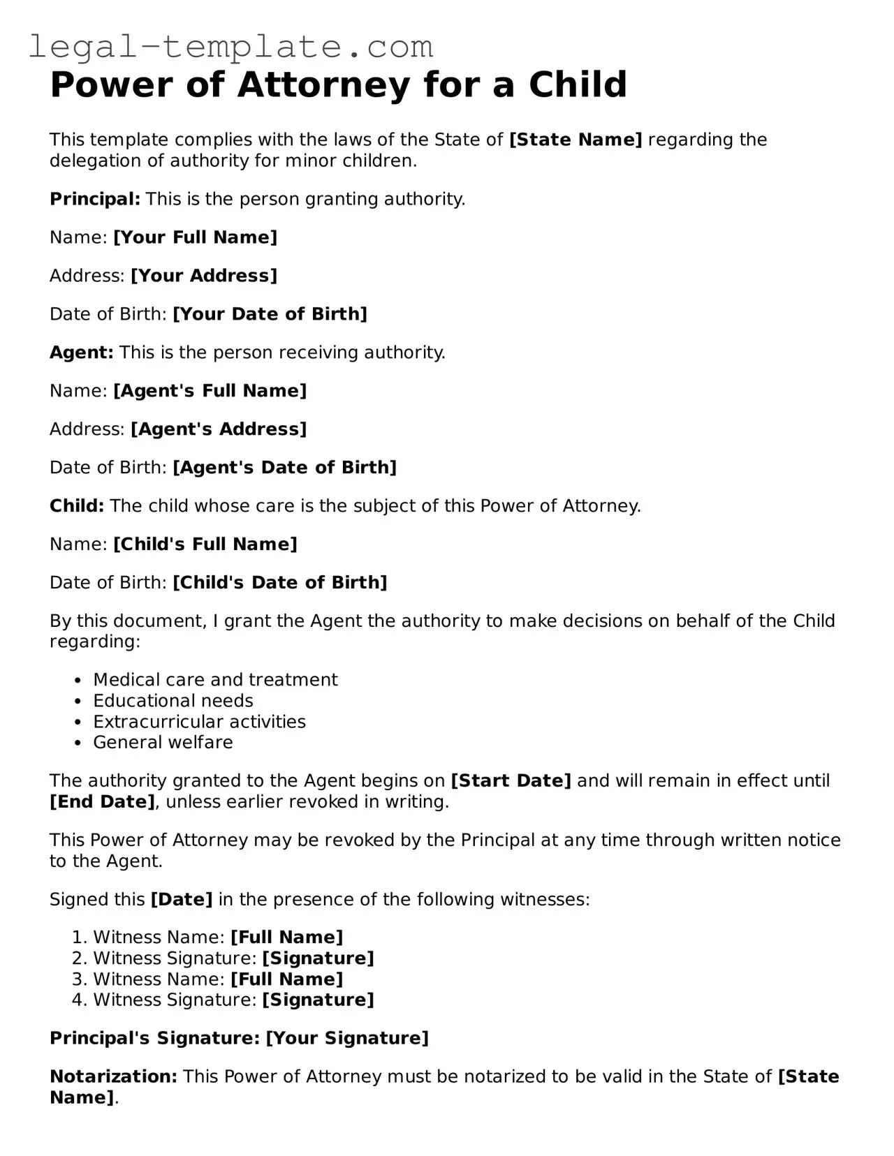 Printable Power of Attorney for a Child Template