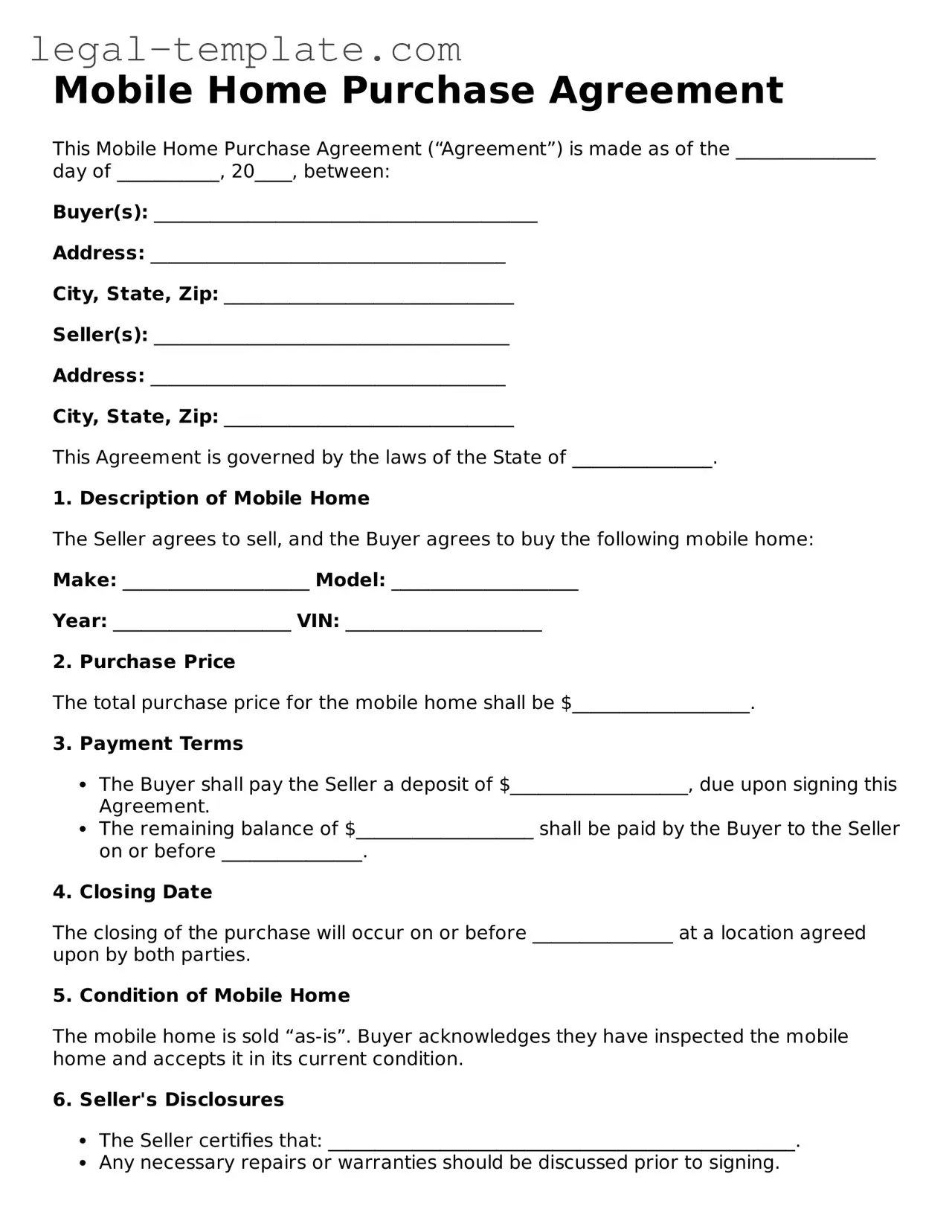 Printable Mobile Home Purchase Agreement Template