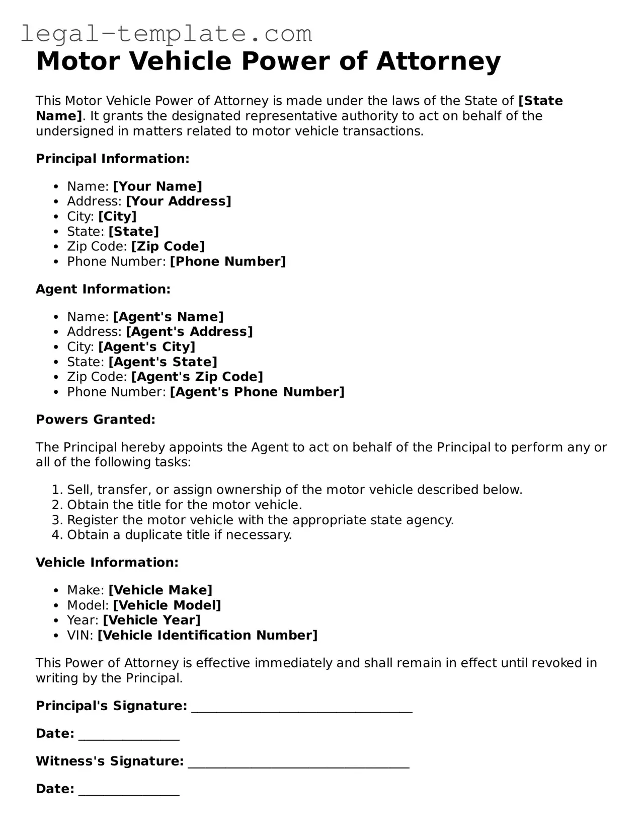 Printable Motor Vehicle Power of Attorney Template