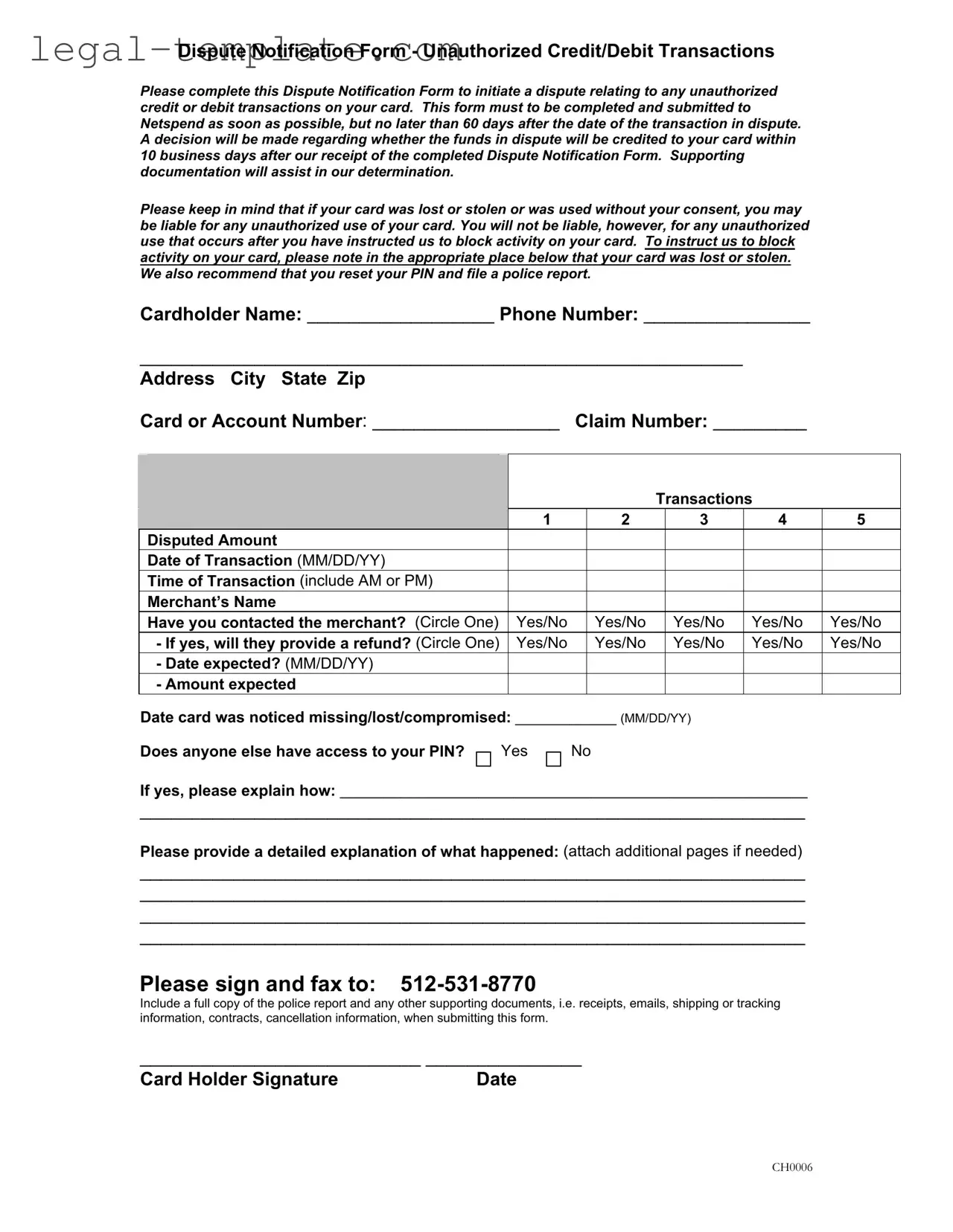 Free Netspend Dispute Template in PDF