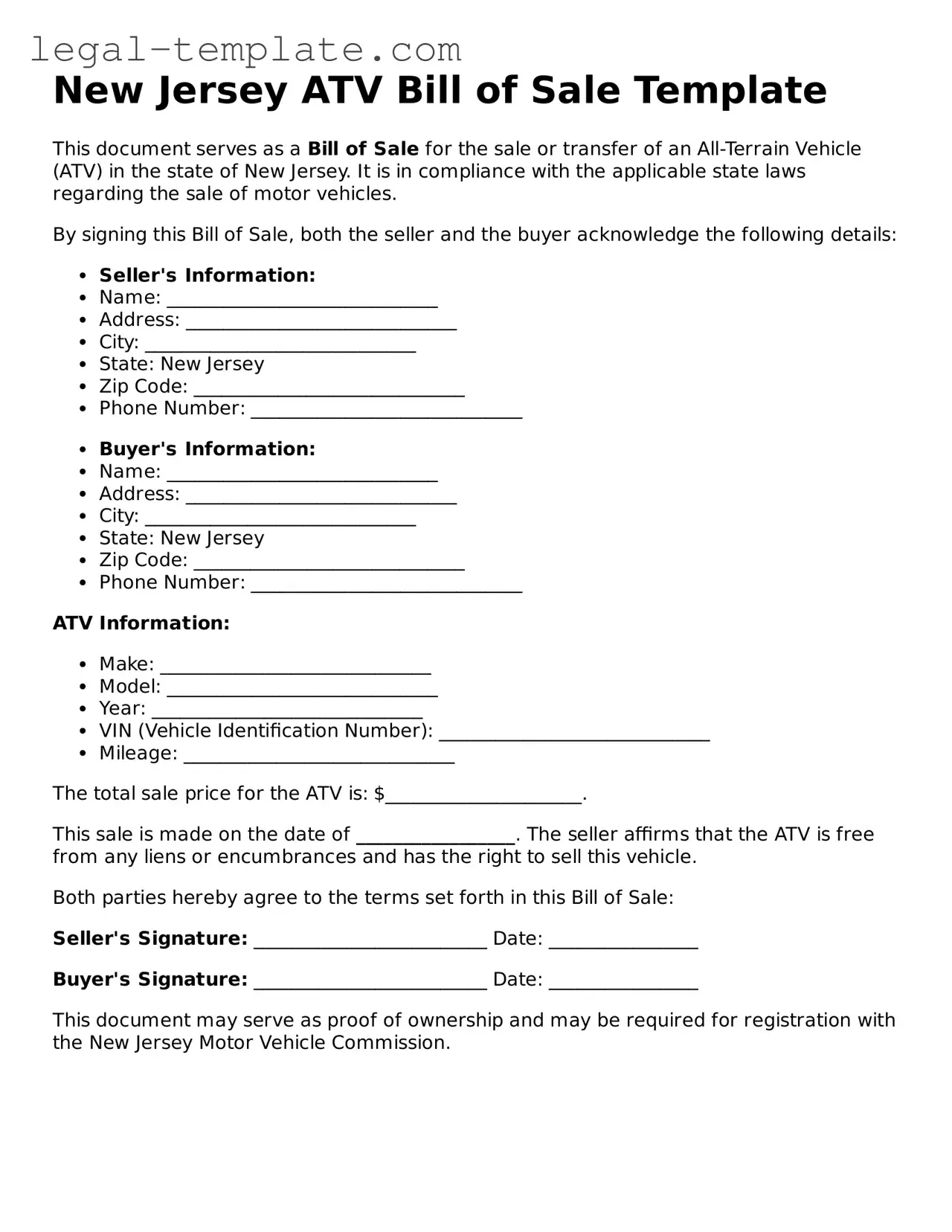 ATV Bill of Sale Form for New Jersey State