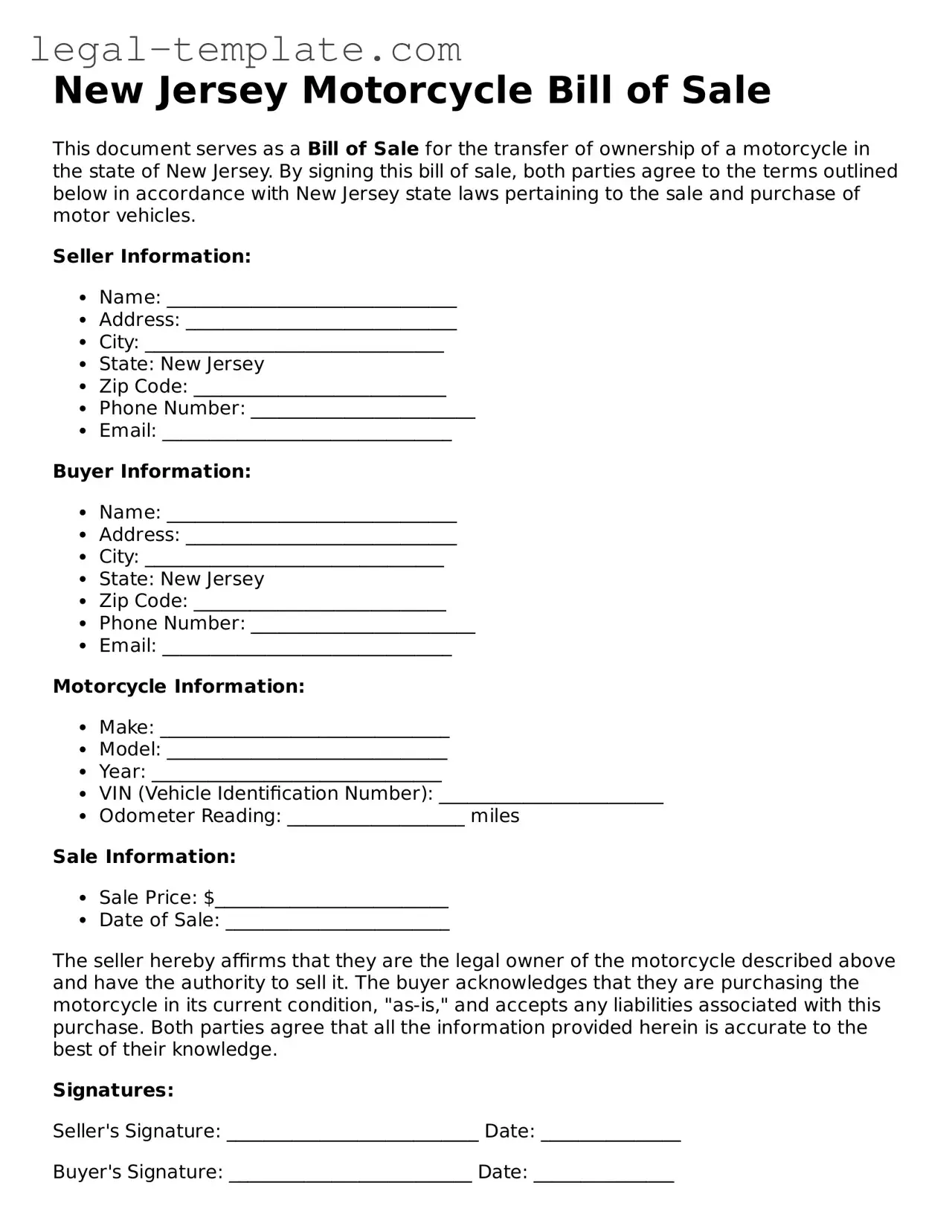 Motorcycle Bill of Sale Form for New Jersey State