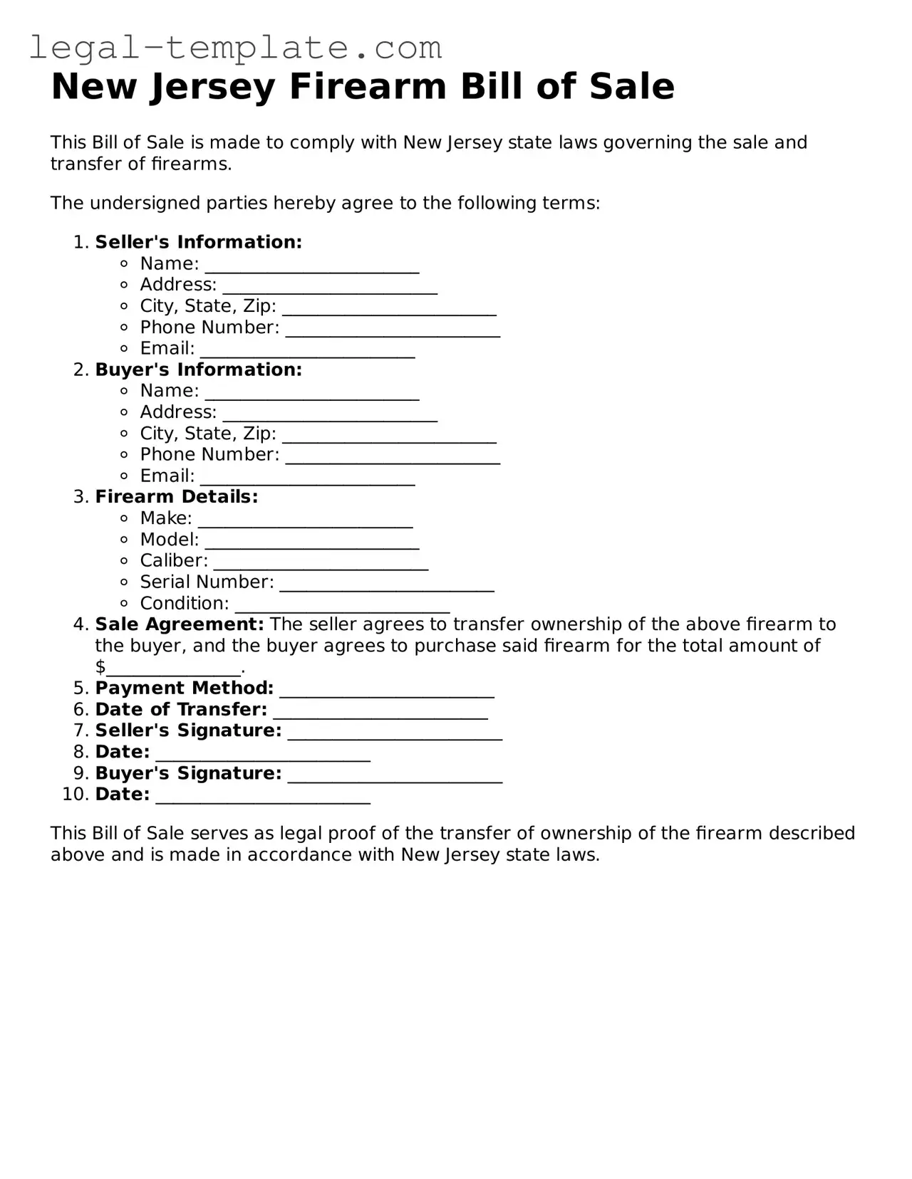 Firearm Bill of Sale Form for New Jersey State
