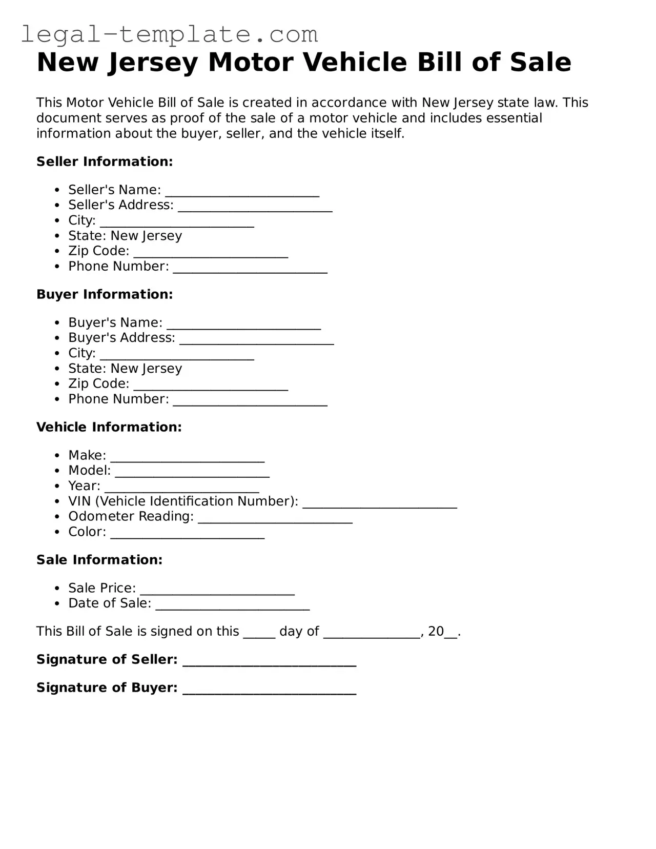 Motor Vehicle Bill of Sale Form for New Jersey State