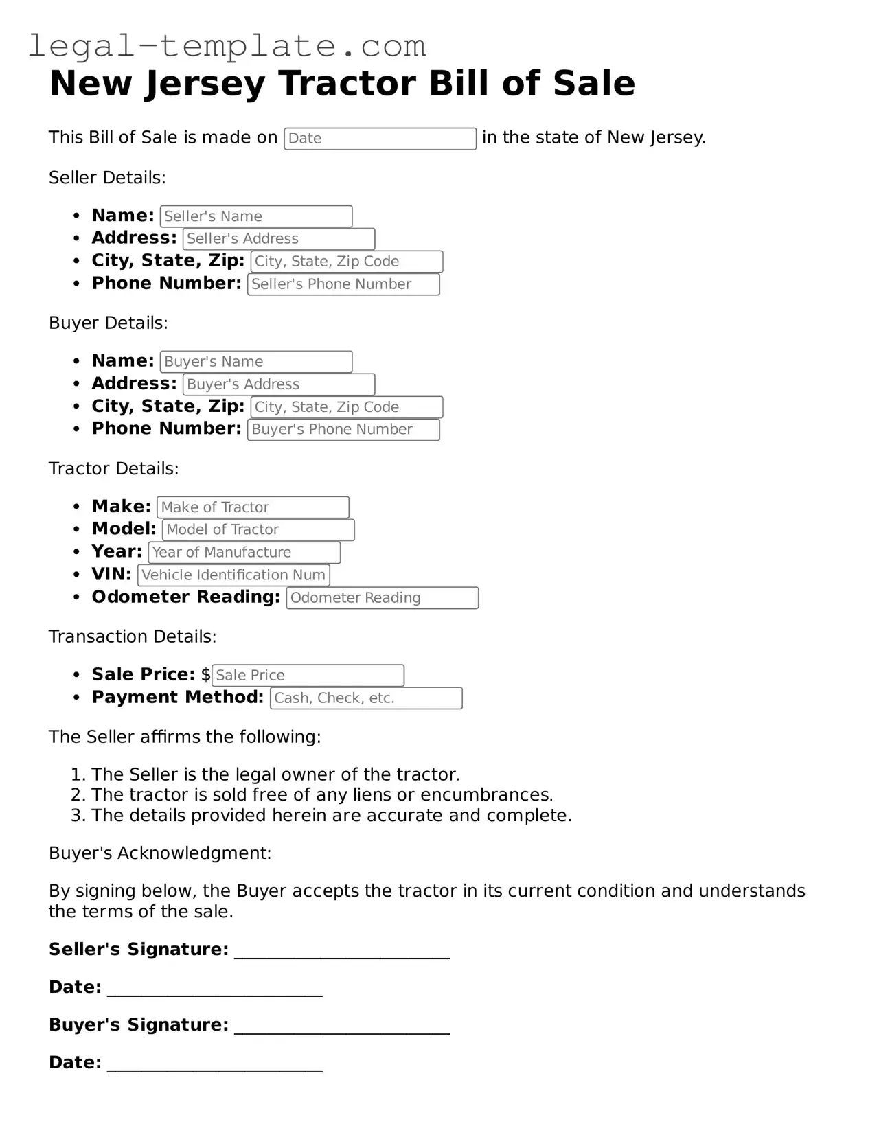 Tractor Bill of Sale Form for New Jersey State