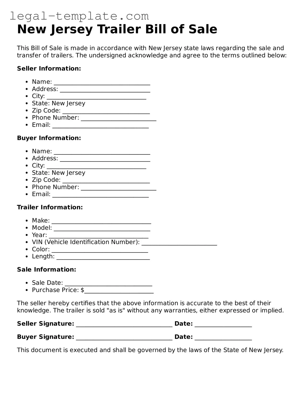 Trailer Bill of Sale Form for New Jersey State