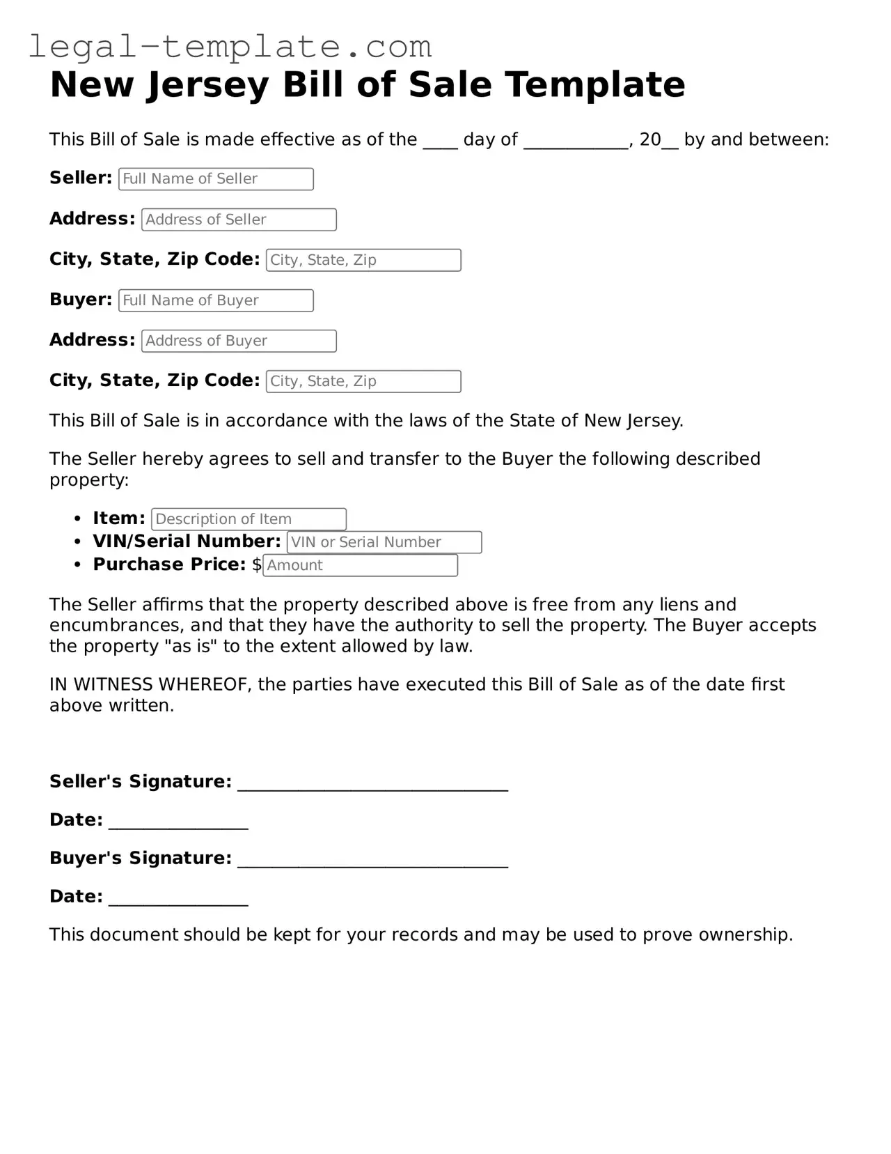 Bill of Sale Form for New Jersey State