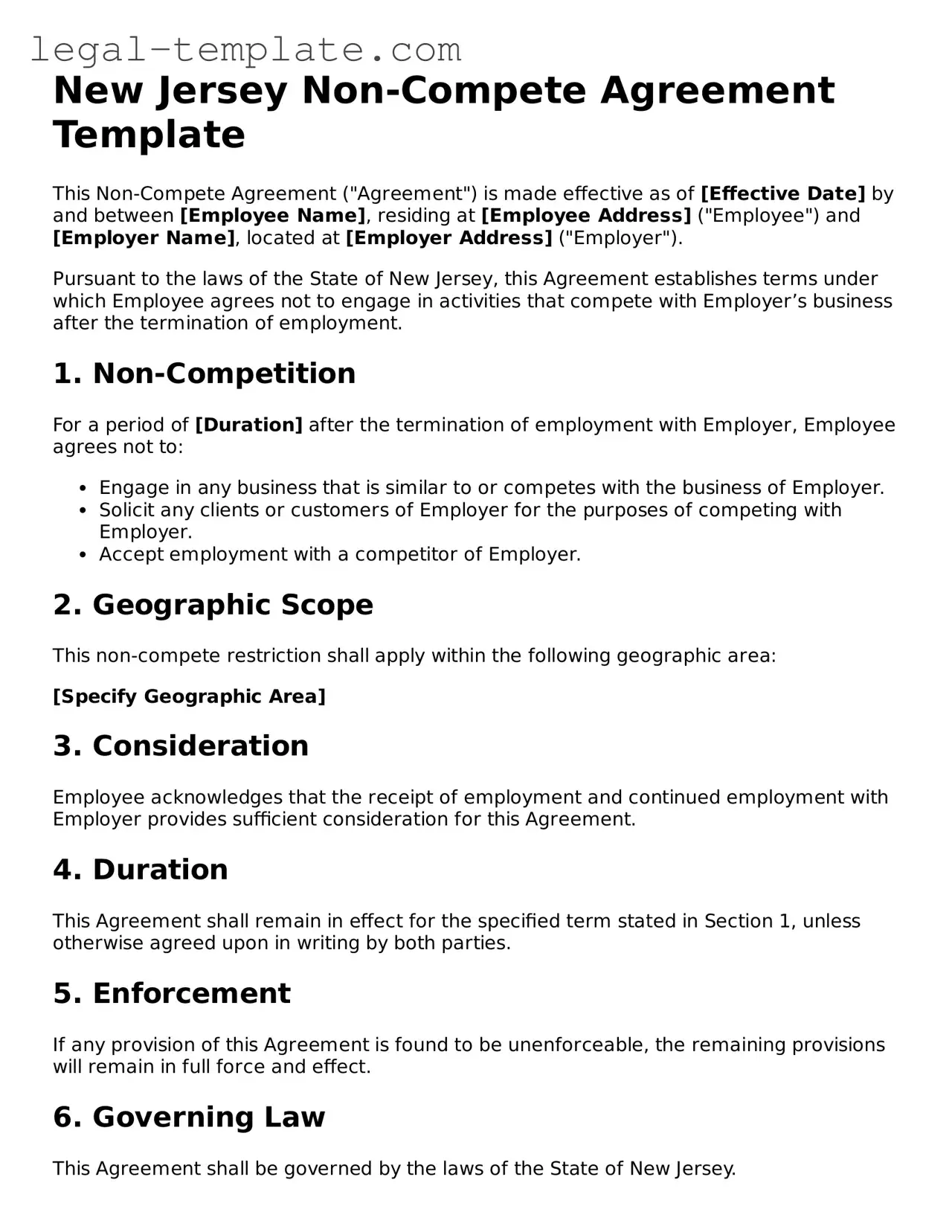 Non-compete Agreement Form for New Jersey State