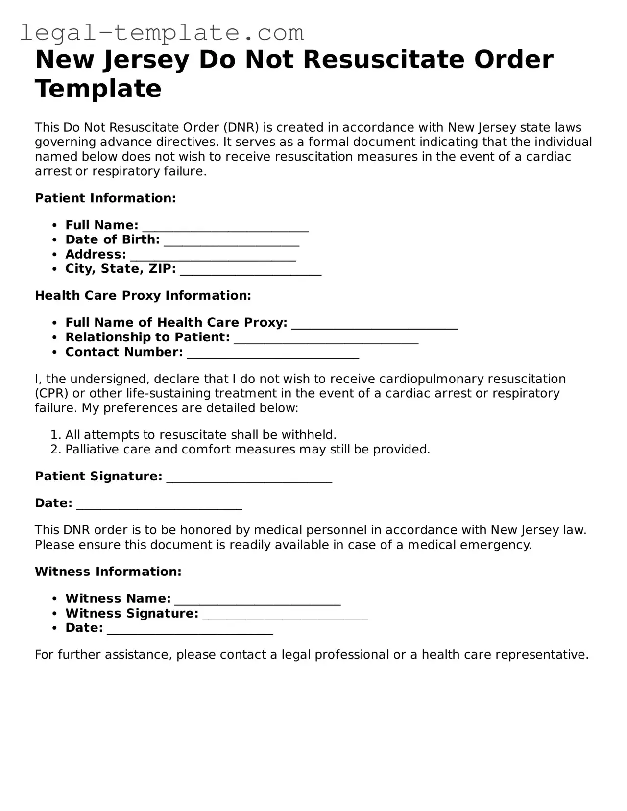 Do Not Resuscitate Order Form for New Jersey State