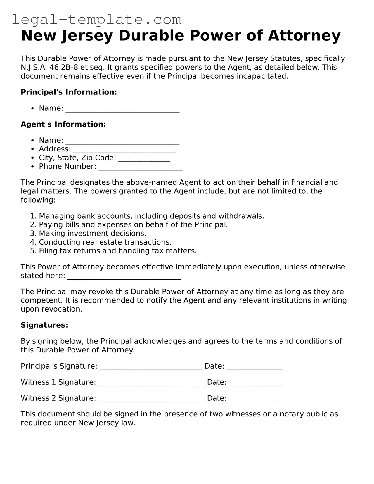 Durable Power of Attorney Form for New Jersey State