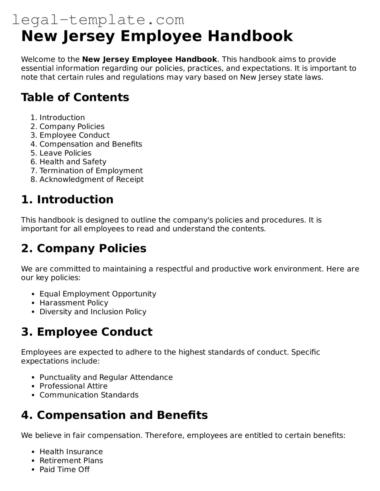 Employee Handbook Form for New Jersey State