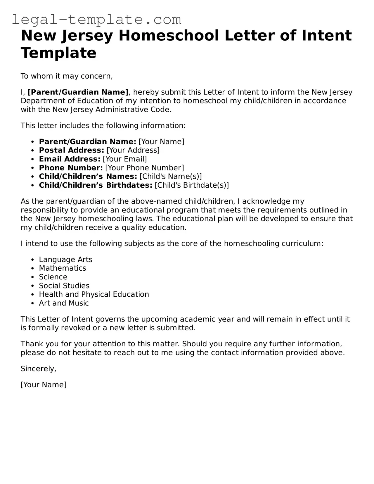 Homeschool Letter of Intent Form for New Jersey State