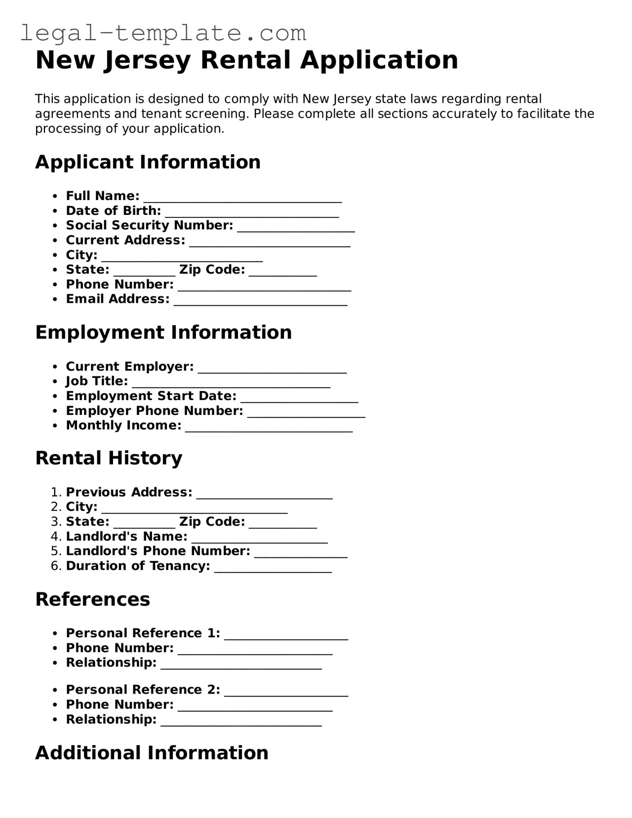 Rental Application Form for New Jersey State
