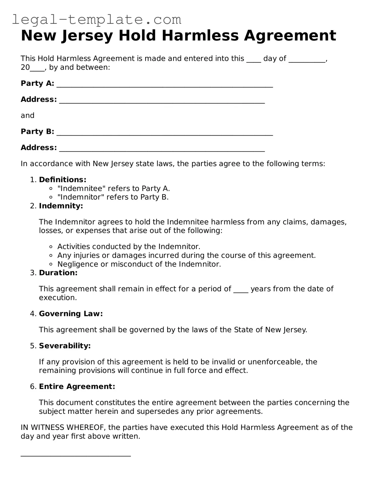 Hold Harmless Agreement Form for New Jersey State