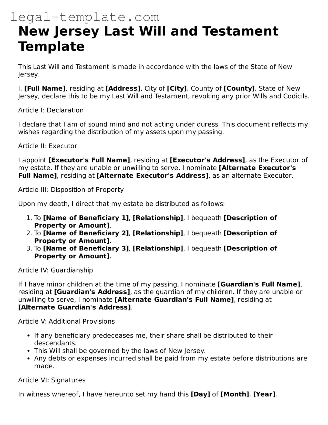 Last Will and Testament Form for New Jersey State