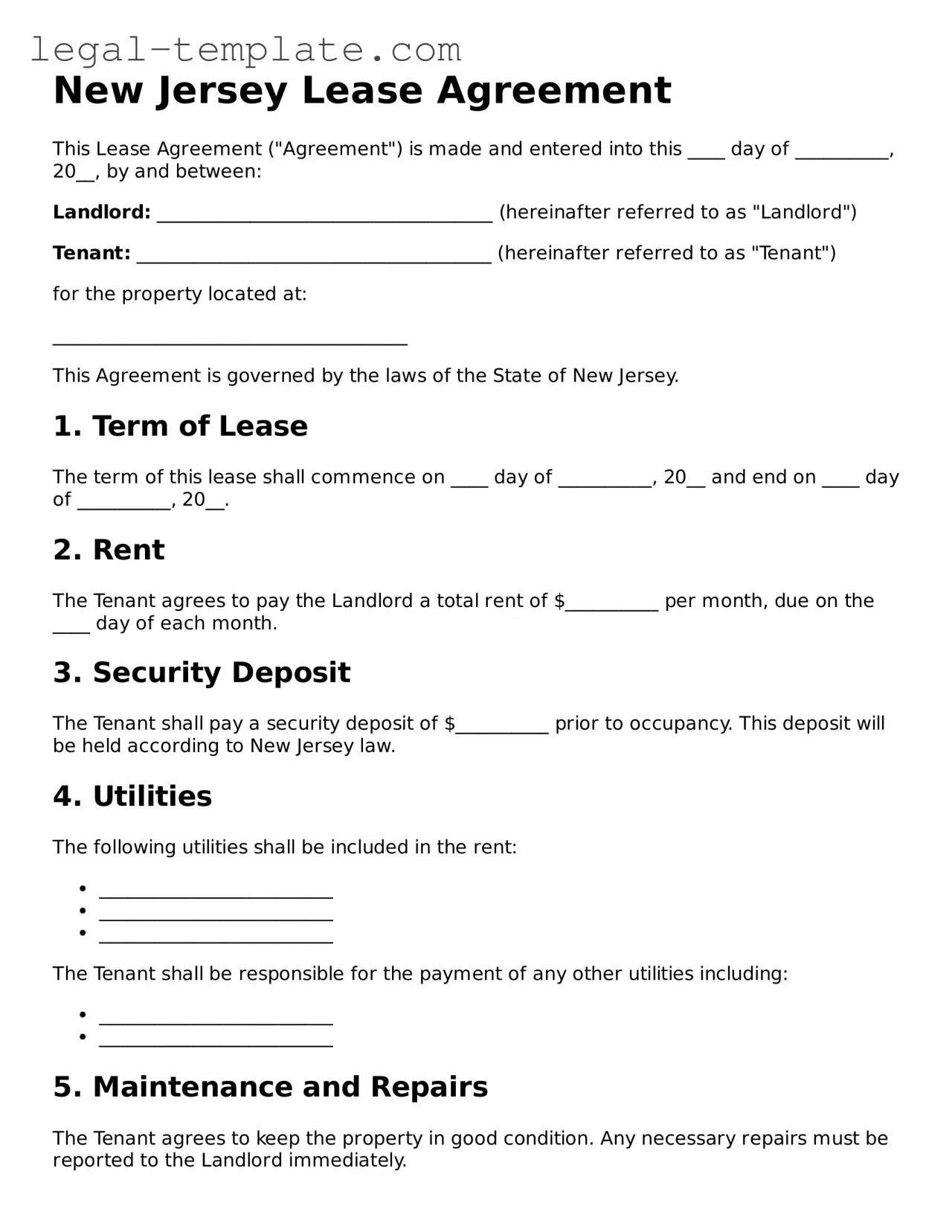 Lease Agreement Form for New Jersey State