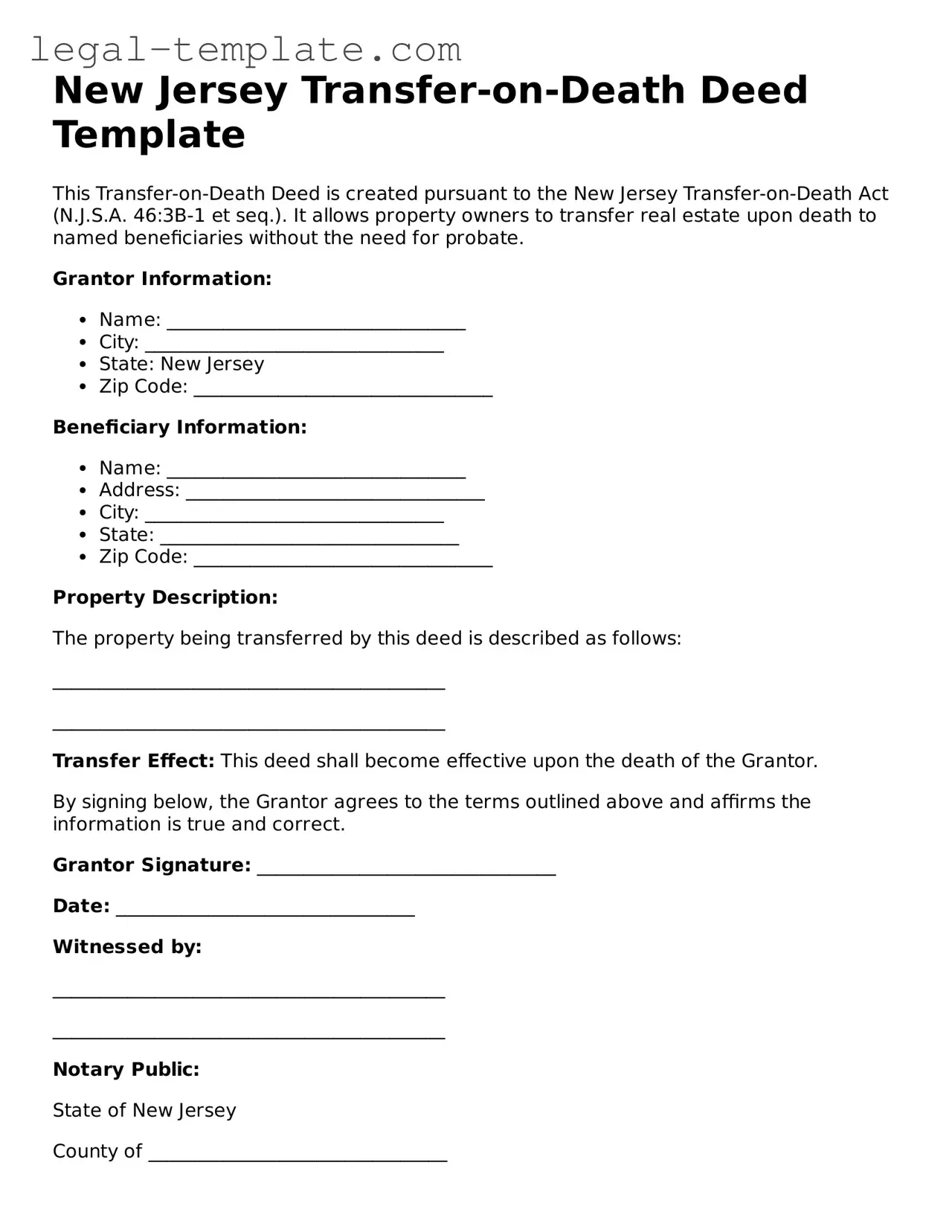 Transfer-on-Death Deed Form for New Jersey State