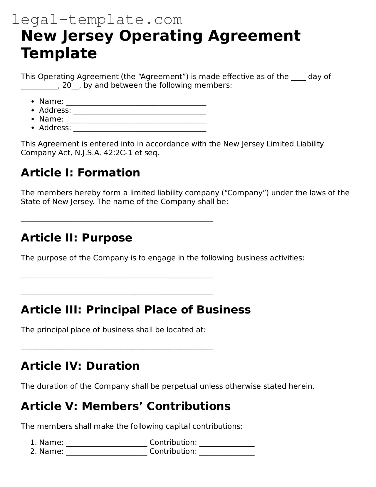 Operating Agreement Form for New Jersey State