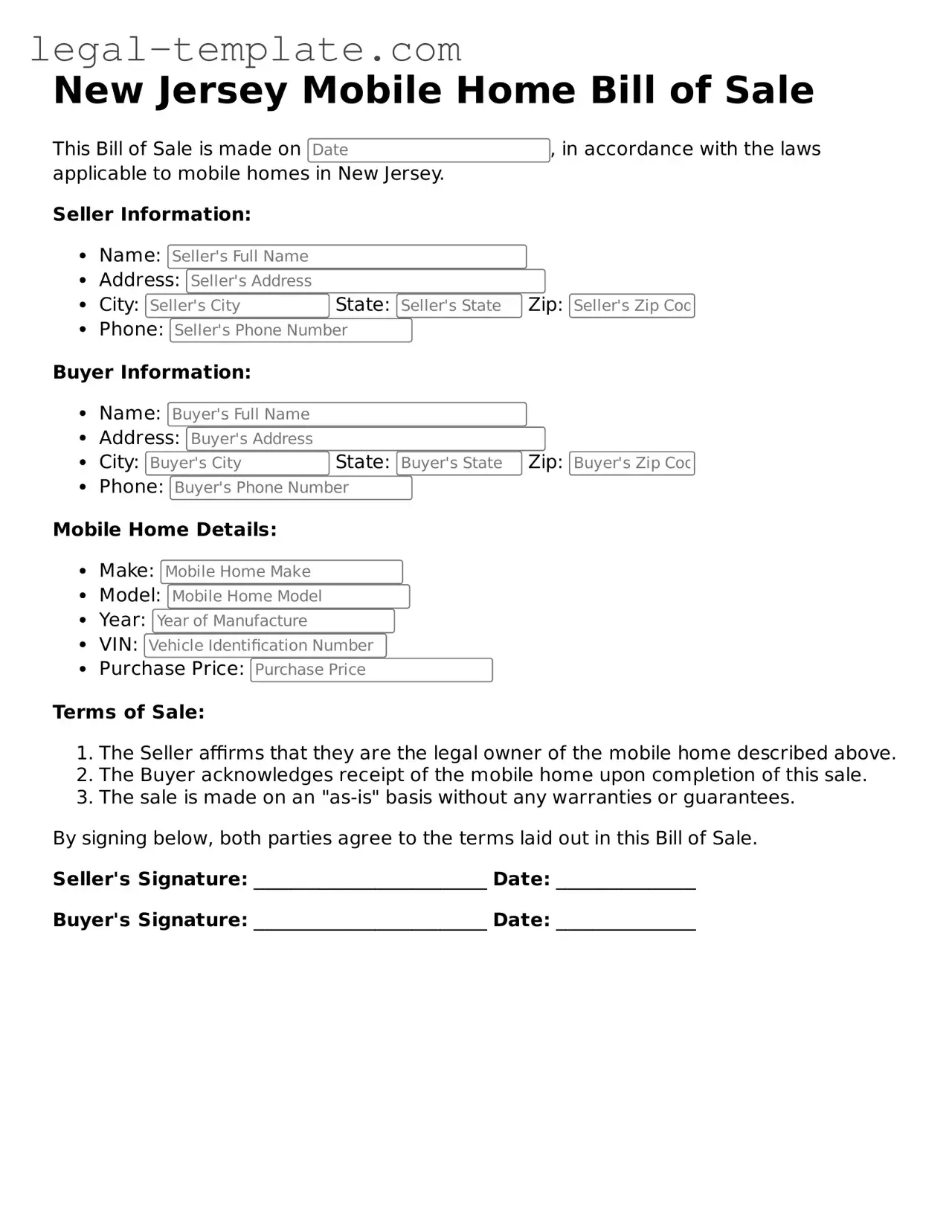 Mobile Home Bill of Sale Form for New Jersey State