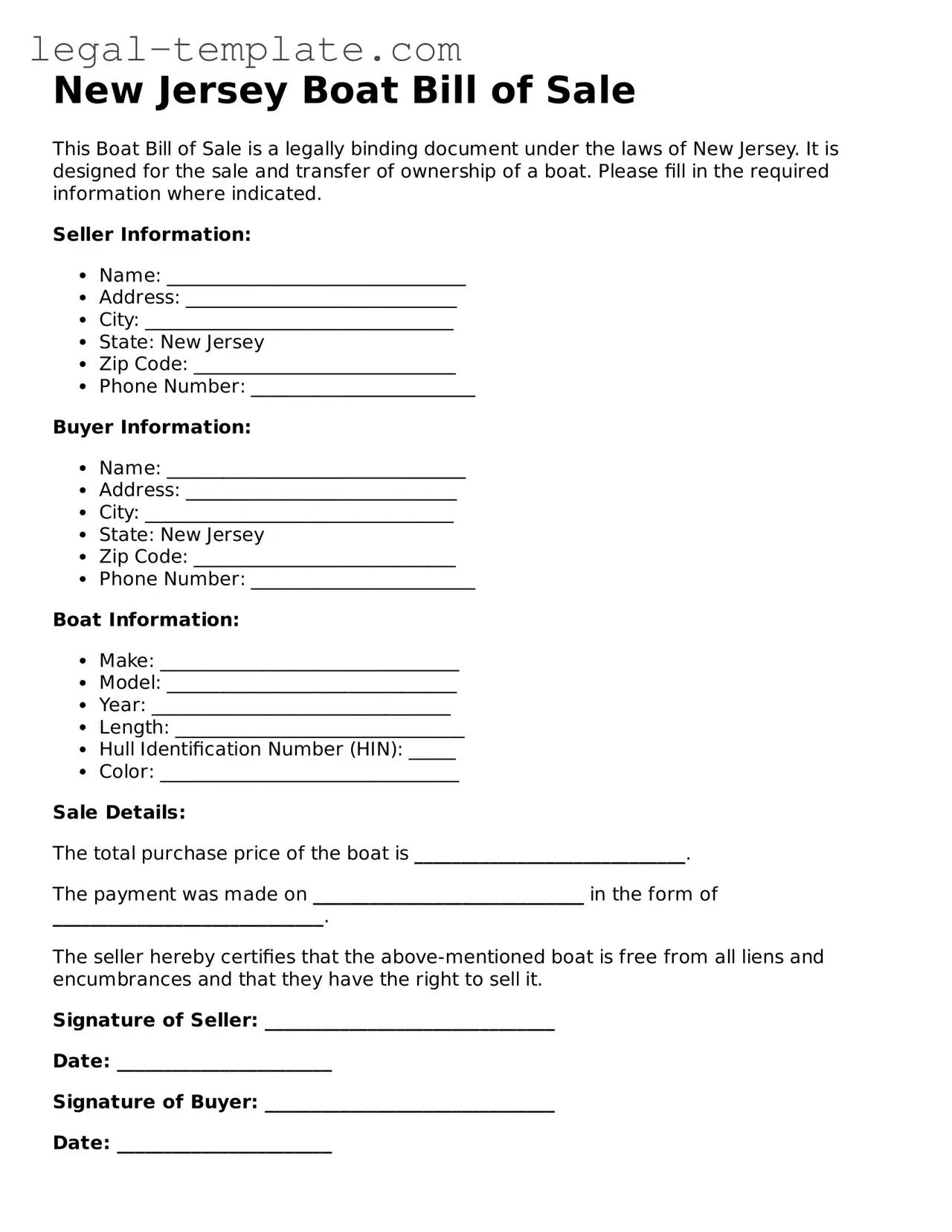 Boat Bill of Sale Form for New Jersey State