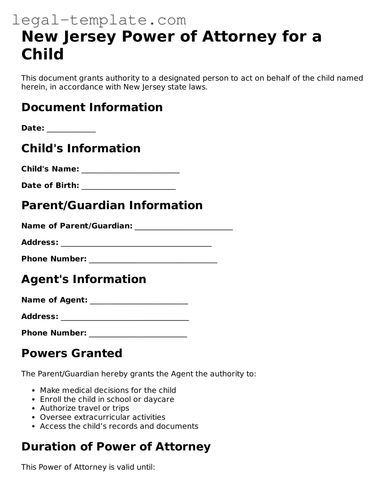 Power of Attorney for a Child Form for New Jersey State