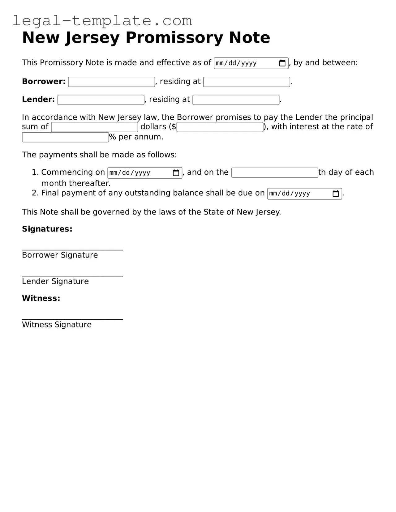 Promissory Note Form for New Jersey State