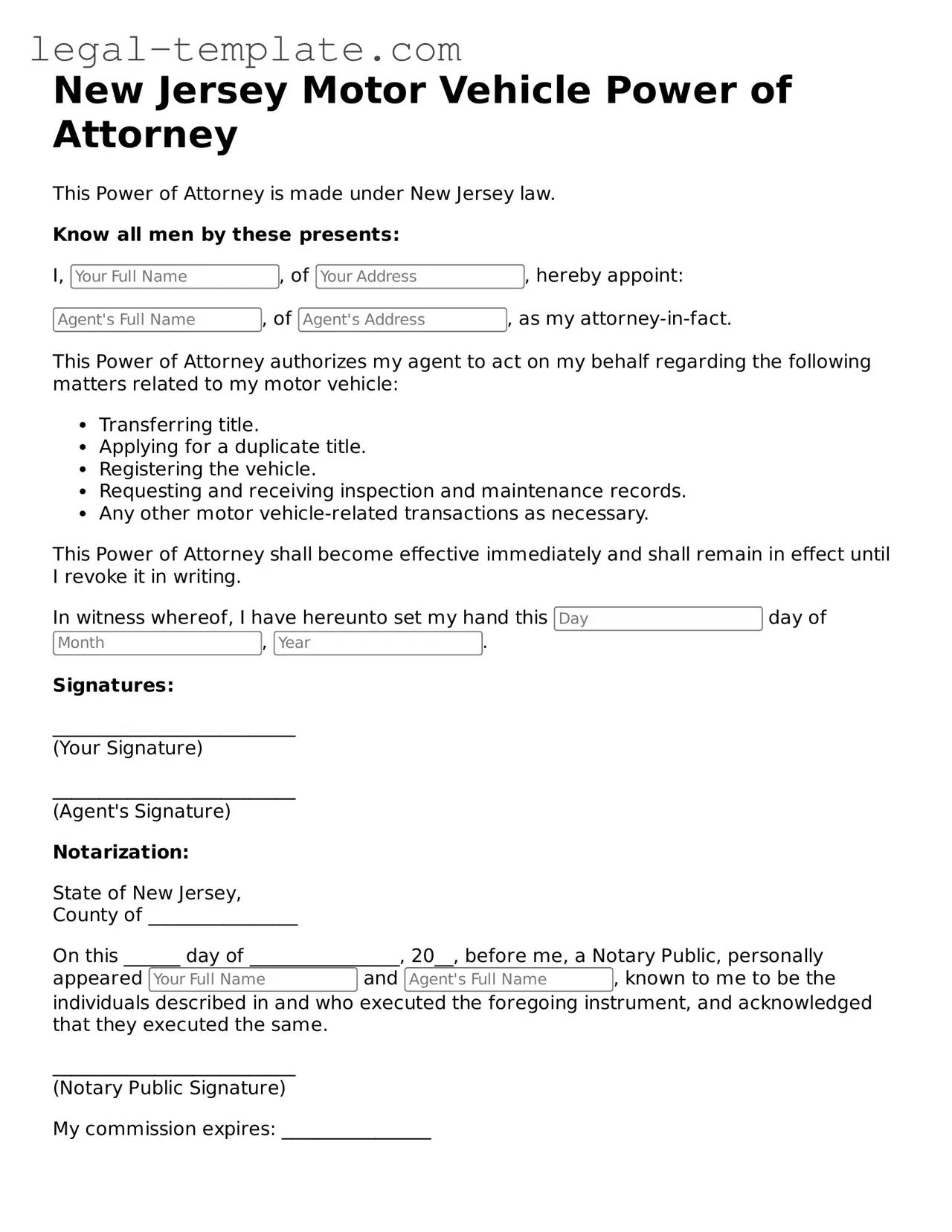 Motor Vehicle Power of Attorney Form for New Jersey State