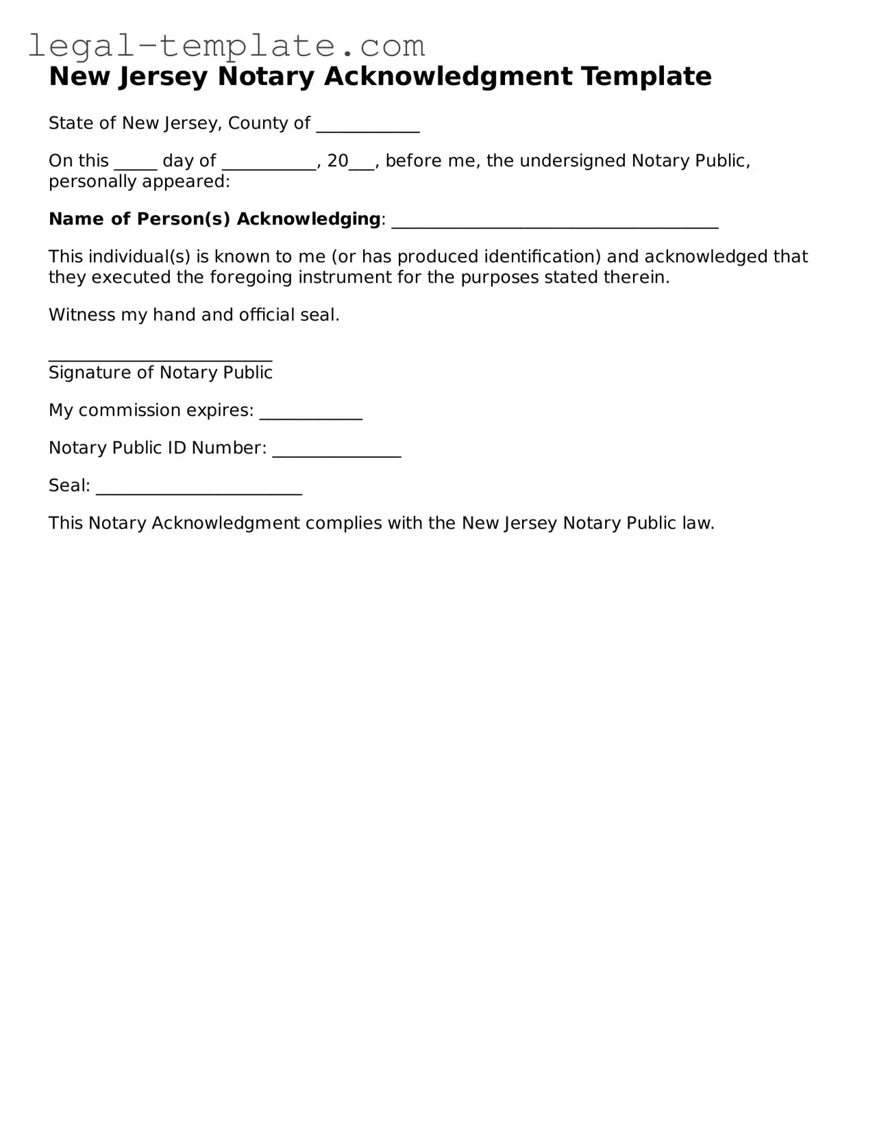 Notary Acknowledgement Form for New Jersey State