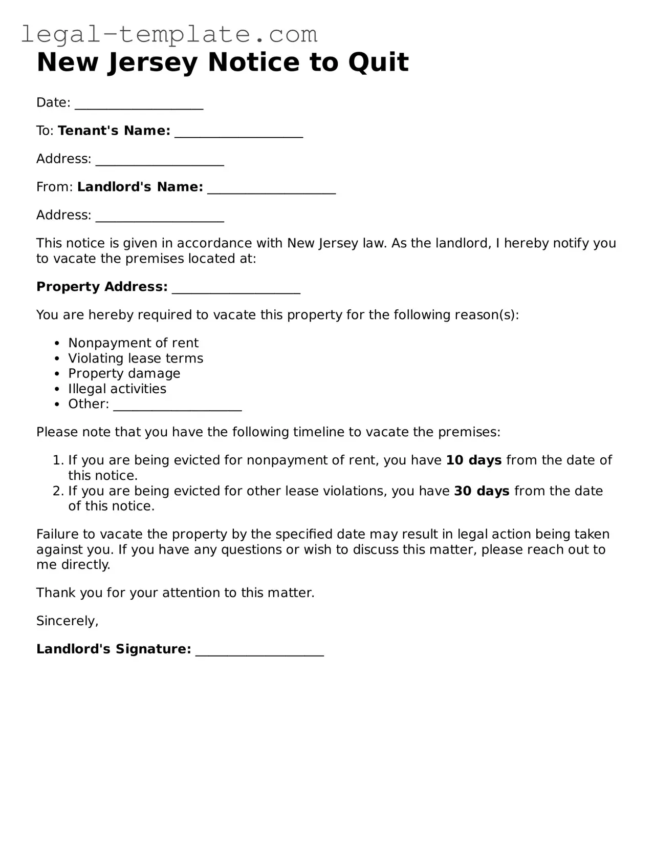Notice to Quit Form for New Jersey State