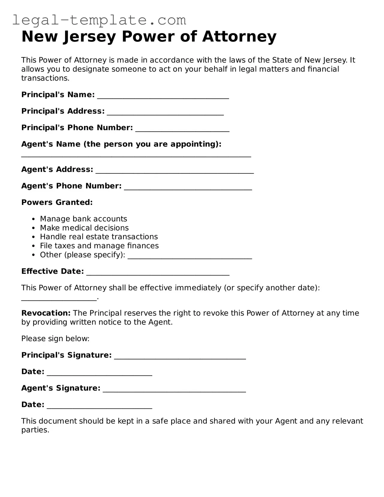 Power of Attorney Form for New Jersey State