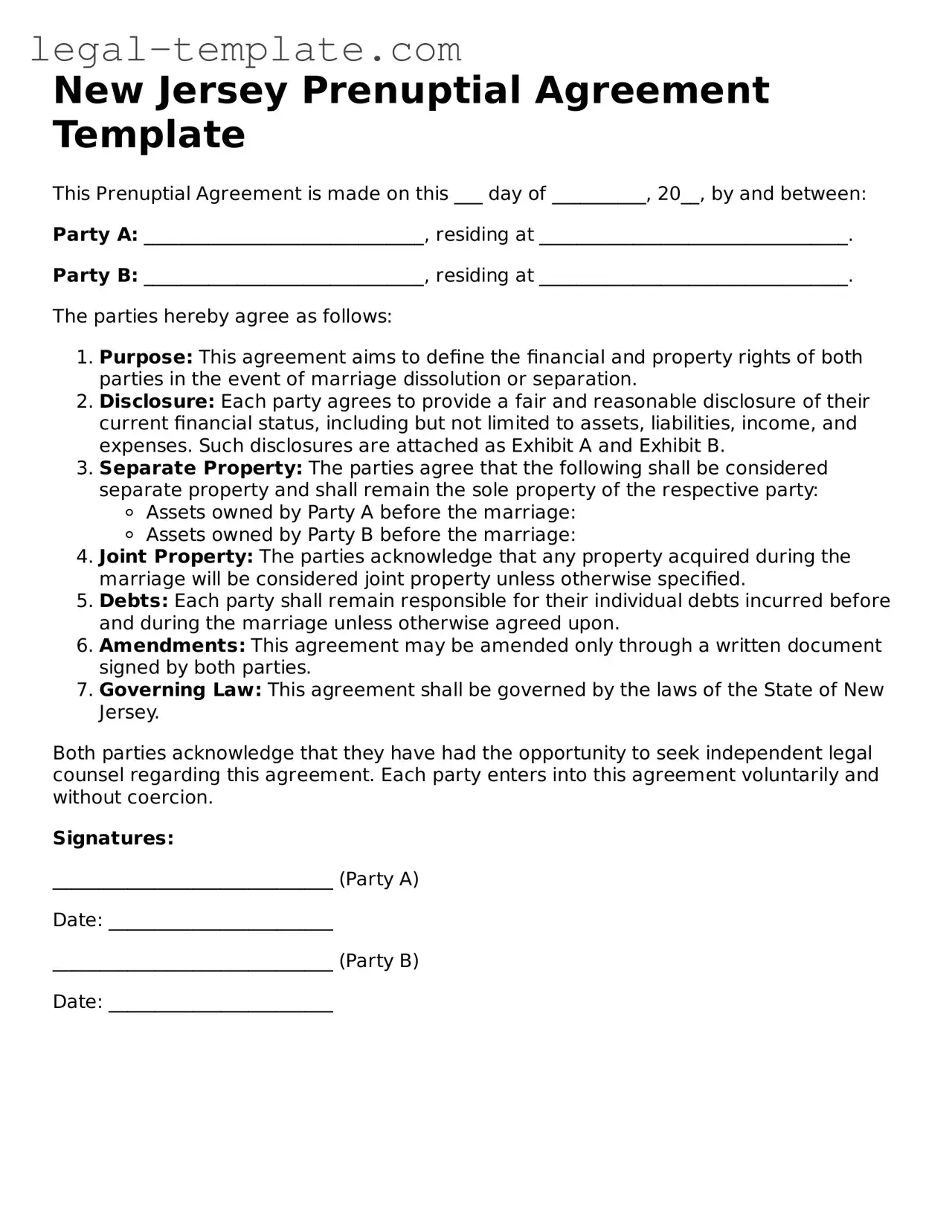 Prenuptial Agreement Form for New Jersey State