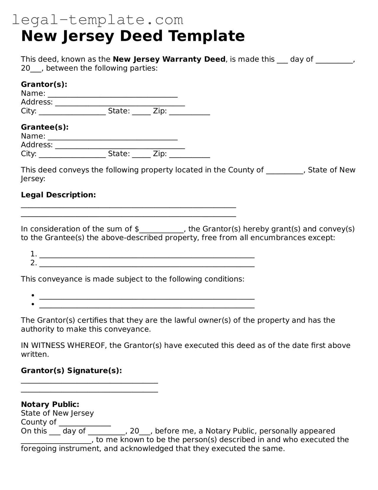 Deed Form for New Jersey State