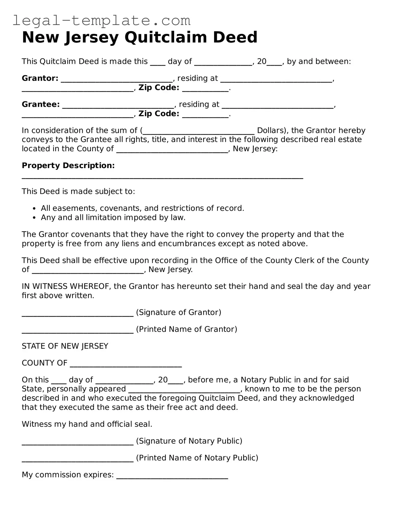 Quitclaim Deed Form for New Jersey State