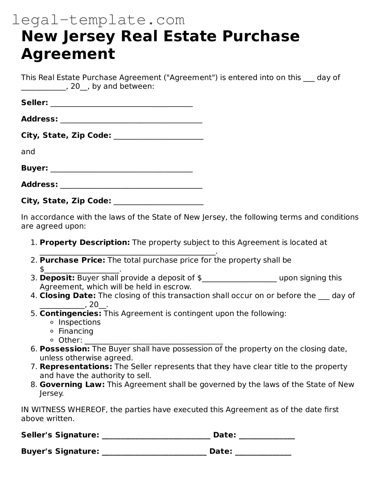 Real Estate Purchase Agreement Form for New Jersey State
